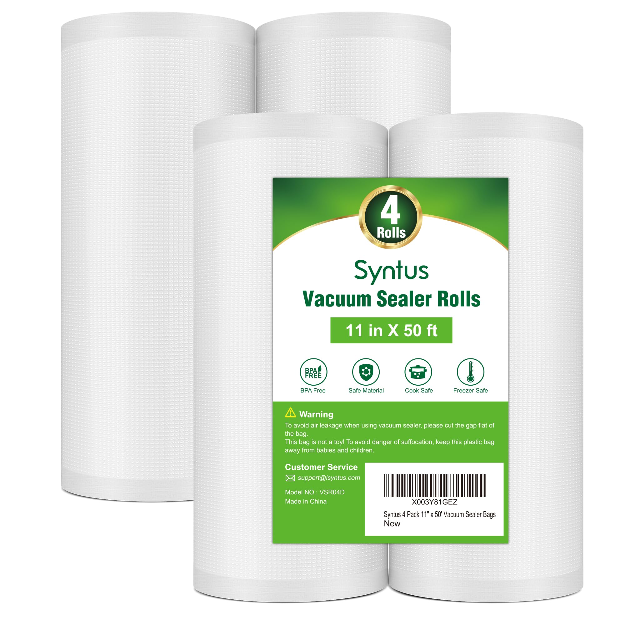 Syntus Vacuum Sealer Bags for Food, 4 Rolls 11" x 50' Commercial Grade Bag Rolls, Food Vac Bags for Storage, Meal Prep or Sous Vide