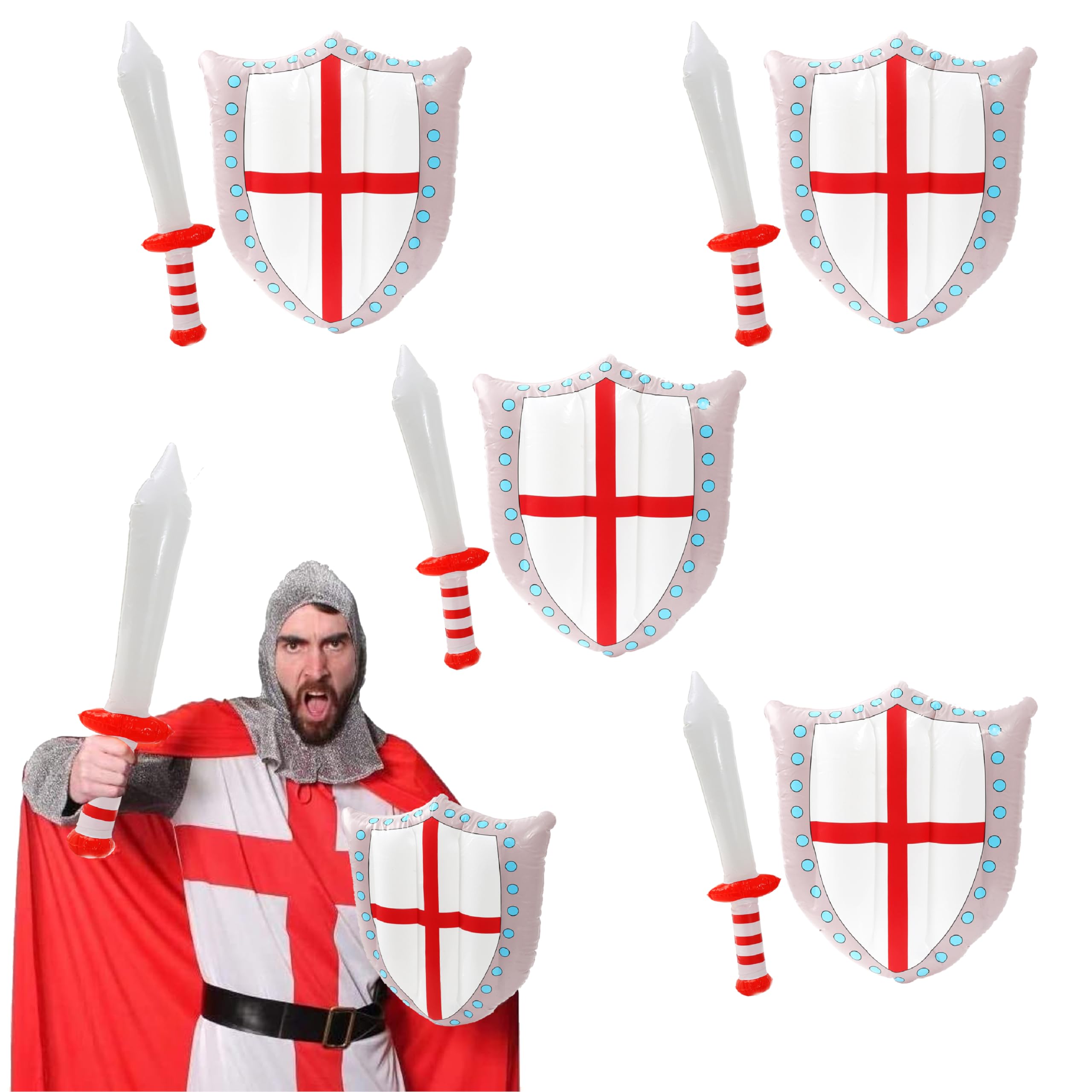 St George's Day Inflatables - English Flag Inflatable Shield + Red and White Inflatable Sword - England National Day Fancy Dress Sports Supporters Accessory Set - Pack Of 4