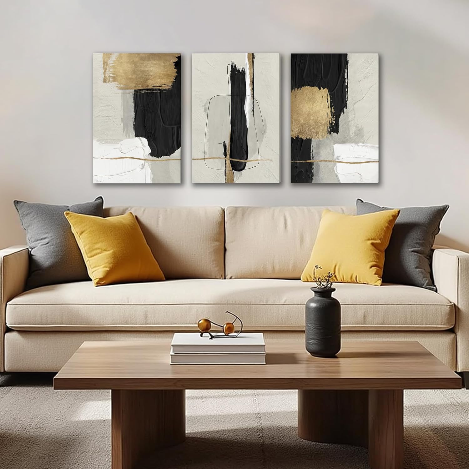 DUWQU 3 Pieces Black and Gold Abstract Canvas Wall Art, Modern Black Gold and White Wall Decor, Minimalist Grey Beige Block Art Prints for Living Room Bedroom Office Home Decorations 16×24 Inches