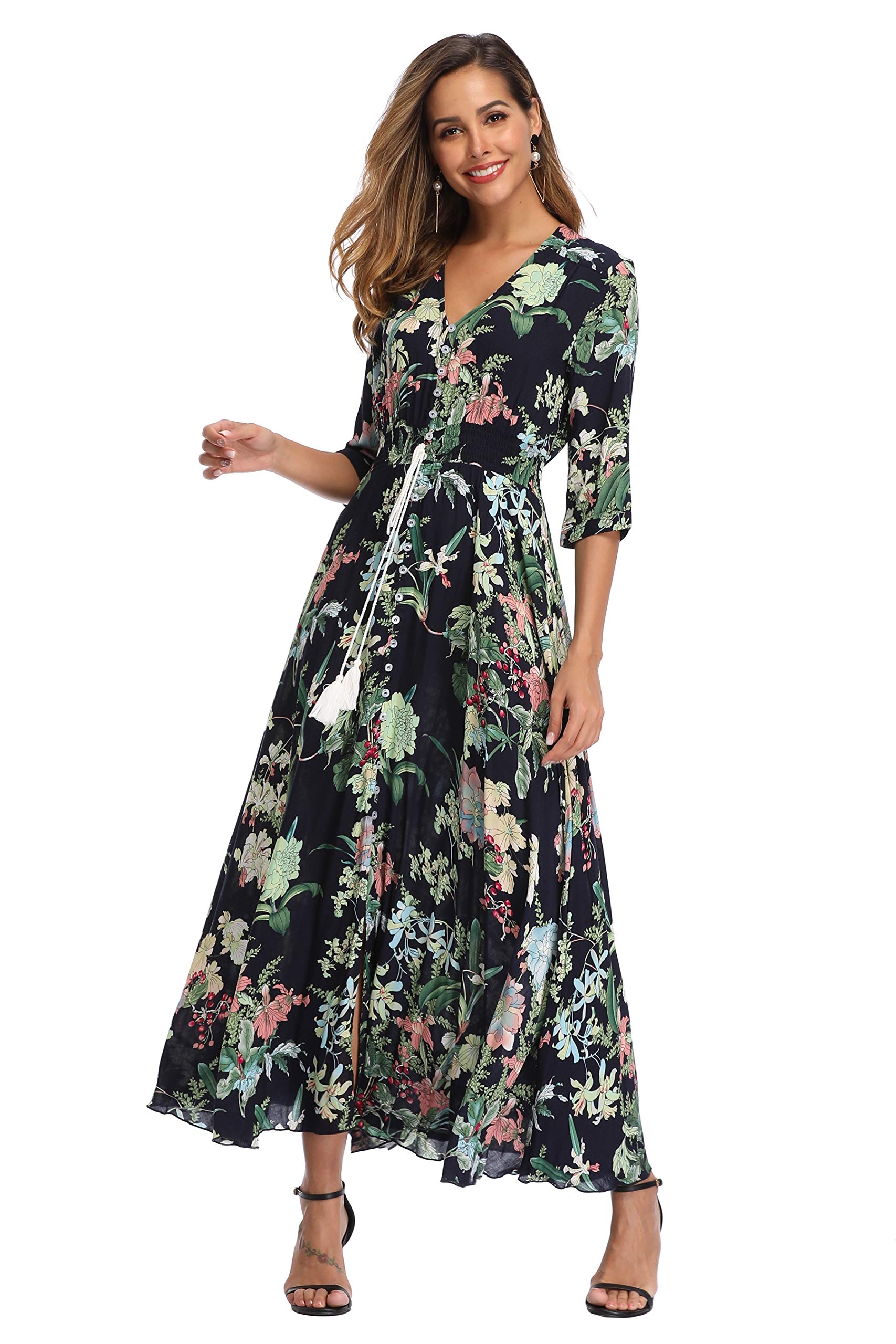 VintageClothingWomen's Floral Maxi Dresses with Sleeves Flowy Boho Beach Dress