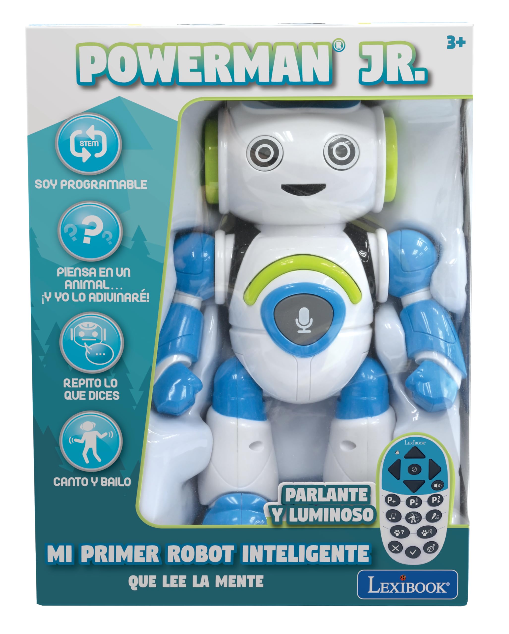 Lexibook,Robot Intelligent Powerman Junior éducatif et interactif,lit l'esprit, Danse,Joue de la Musique,répète Les Phrases,télécommande, Jouet à partir de 3Ans, version Espagnole Bleu/Blanc (ROB20ES)
