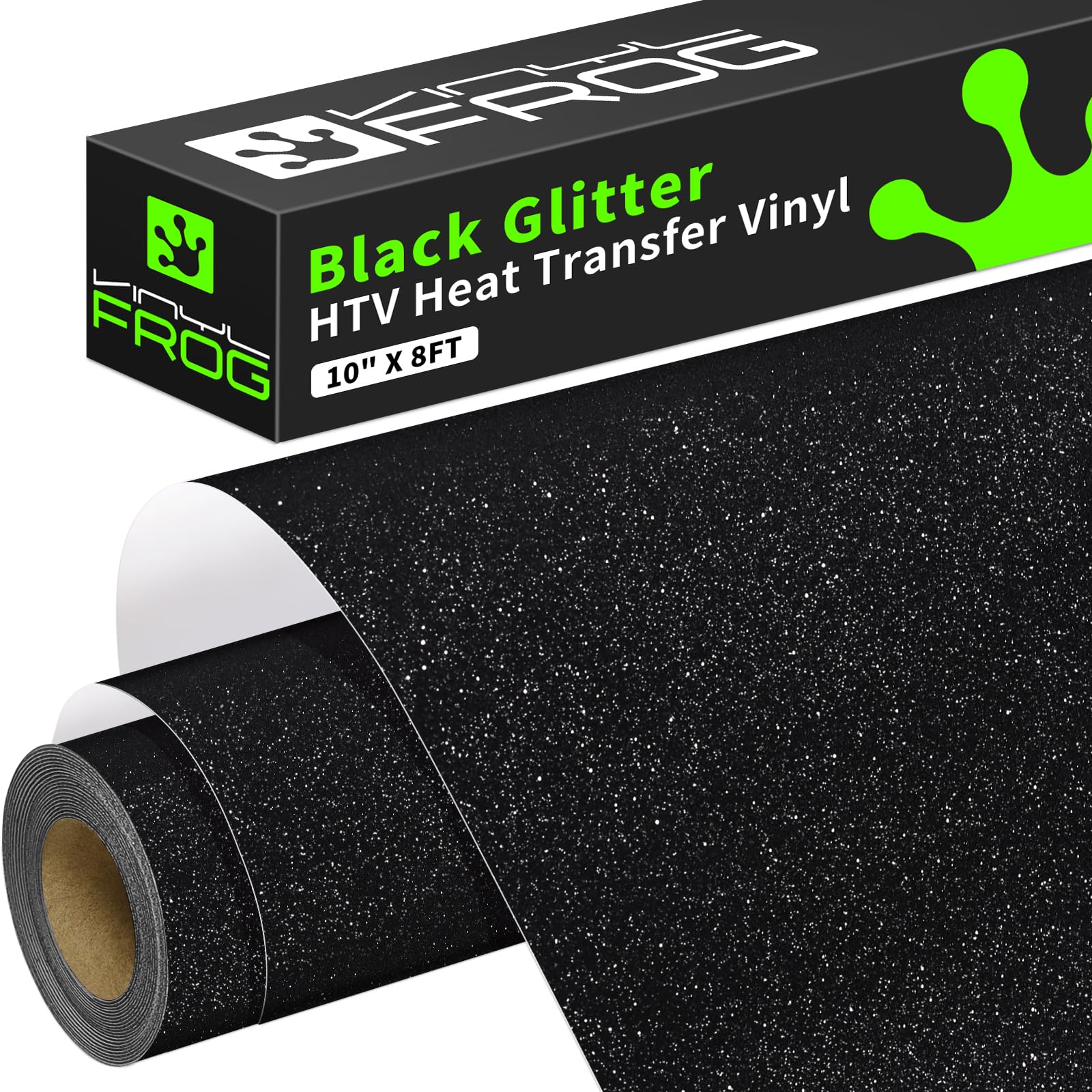 VINYL FROG Black Glitter HTV Vinyl Roll 10'' x 8ft Black Glitter Iron on Vinyl for All Cutting Machine Sparkly Heat Transfer Vinyl for T-Shirts &amp; DIY Craft Gifts, Easy to Cut, Weed &amp; Transfer