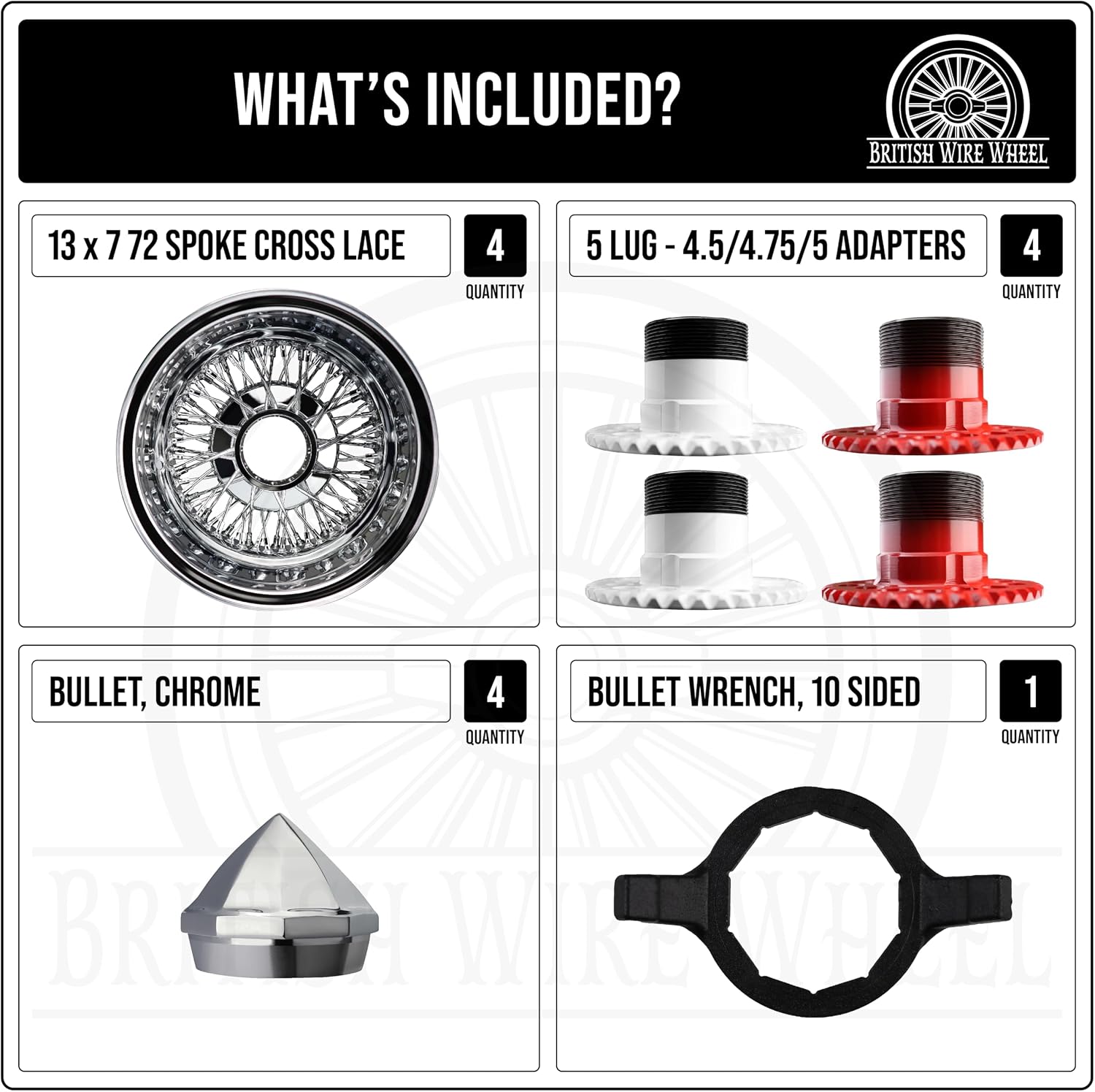 13x7 Reverse 72 Spoke Cross Lace Wire Wheels with 10-Sided Bullet Knock Off Spinner Caps + Adapters 5x4.5, 5x4.75, 5x5 | Chrome Deep Dish Lowrider Rim | Set of 4 + Bullet Wrench