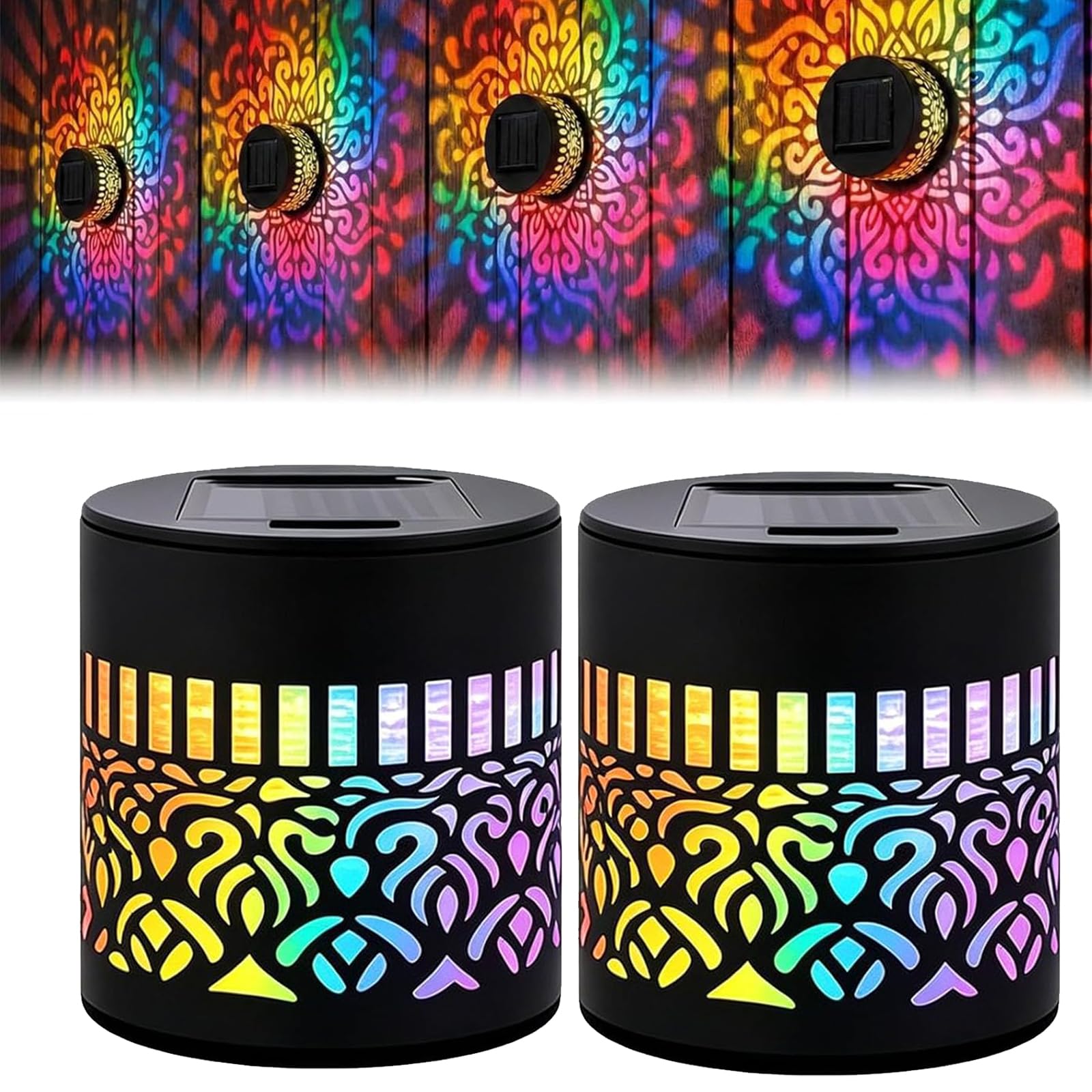 Solar Mandala Wall Lights, Mandala Solar Projector Light Outdoor, Seven‑Color Changing Waterproof Metal Fence Light, Solar Powered Decorative Garden Lamp for Patio Yard Backyard Post (2pcs)