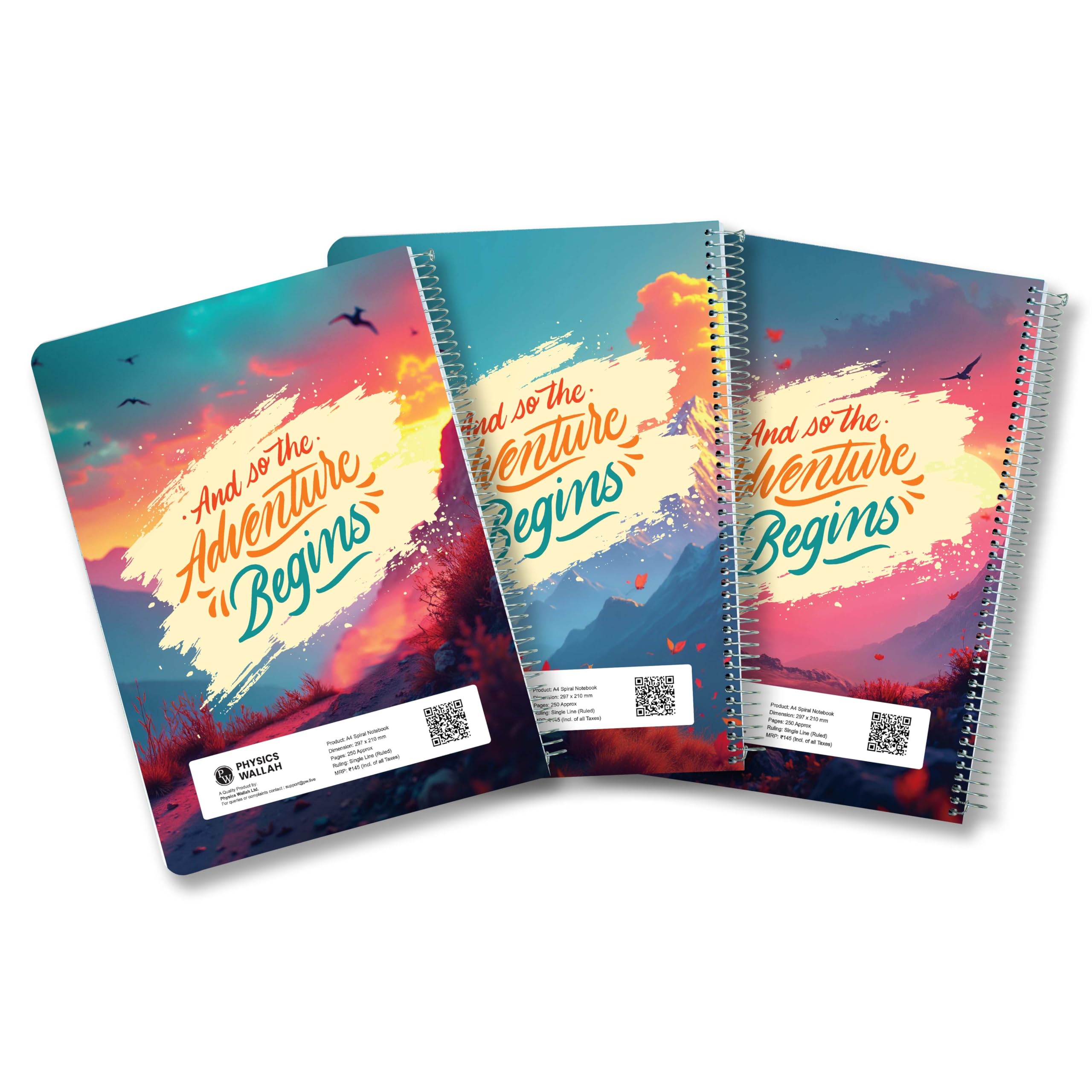 PW Physics Wallah - Quaderno a spirale a 5 tempi, 250 pagine a righe, motivo a 3 sezioni multiple, perfetto per scuola, università e preparazione degli esami (confezione da 3)