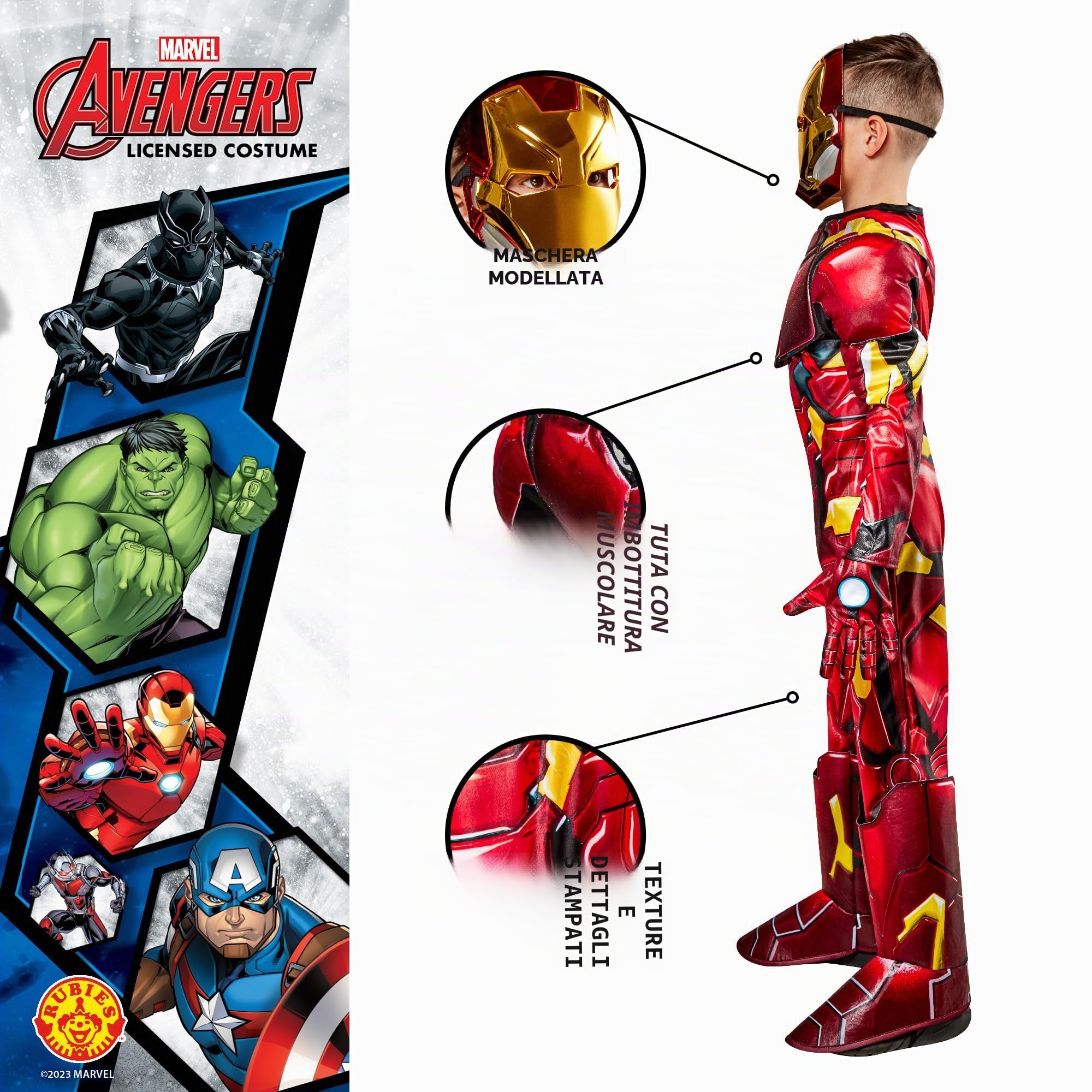 Rubies Iron Man Premium Costume per ragazzi e ragazze, Jumpsuit con armatura 3D e reattore, copristivali, maschera e guanti, ufficiale Marvel per Carnevale, Halloween, Compleanno, Natale