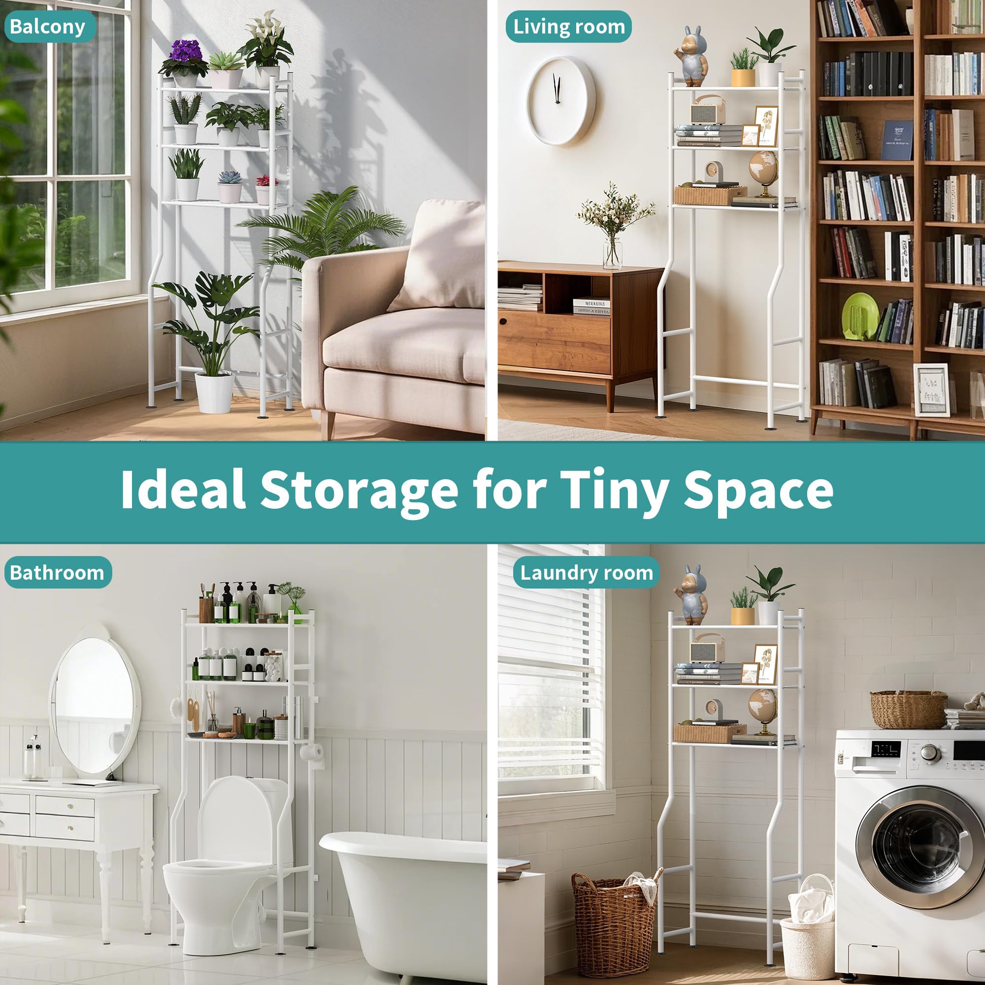 Almacenamiento de 3 niveles sobre el inodoro con soporte para papel, organizadores de baño de metal y almacenamiento para espacios pequeños, estantes de baño independientes con 4 ganchos 7