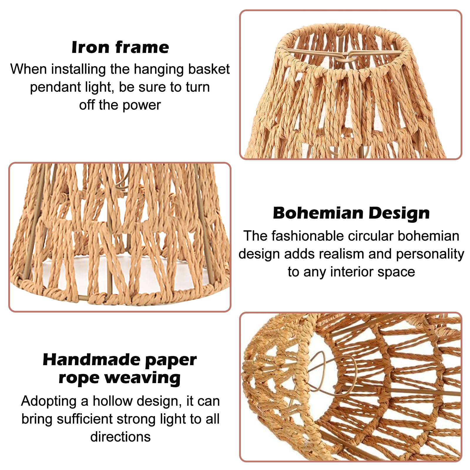 4 paralumi Boho, 15 x 15,8 x 4 cm, paralume in rattan bohémien, piccolo, E26 E27, paralume di carta, accessorio per lampada da tavolo, lampada a sospensione, paralumi a sospensione