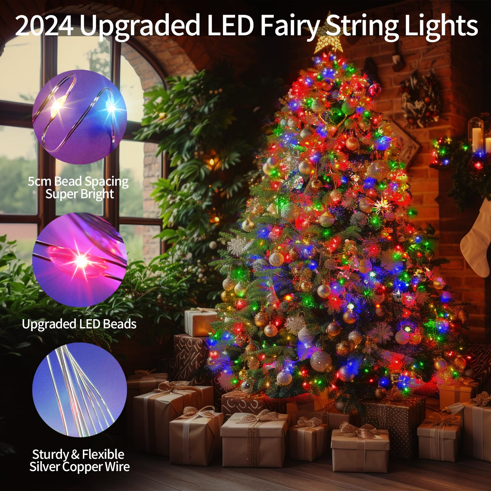 Luci natalizie da 1200 m, 1200 LED, luci natalizie per esterni, impermeabili, con timer, 8 modalità di memoria, luci scintillanti per vacanze, matrimoni, feste, giardino, multicolore