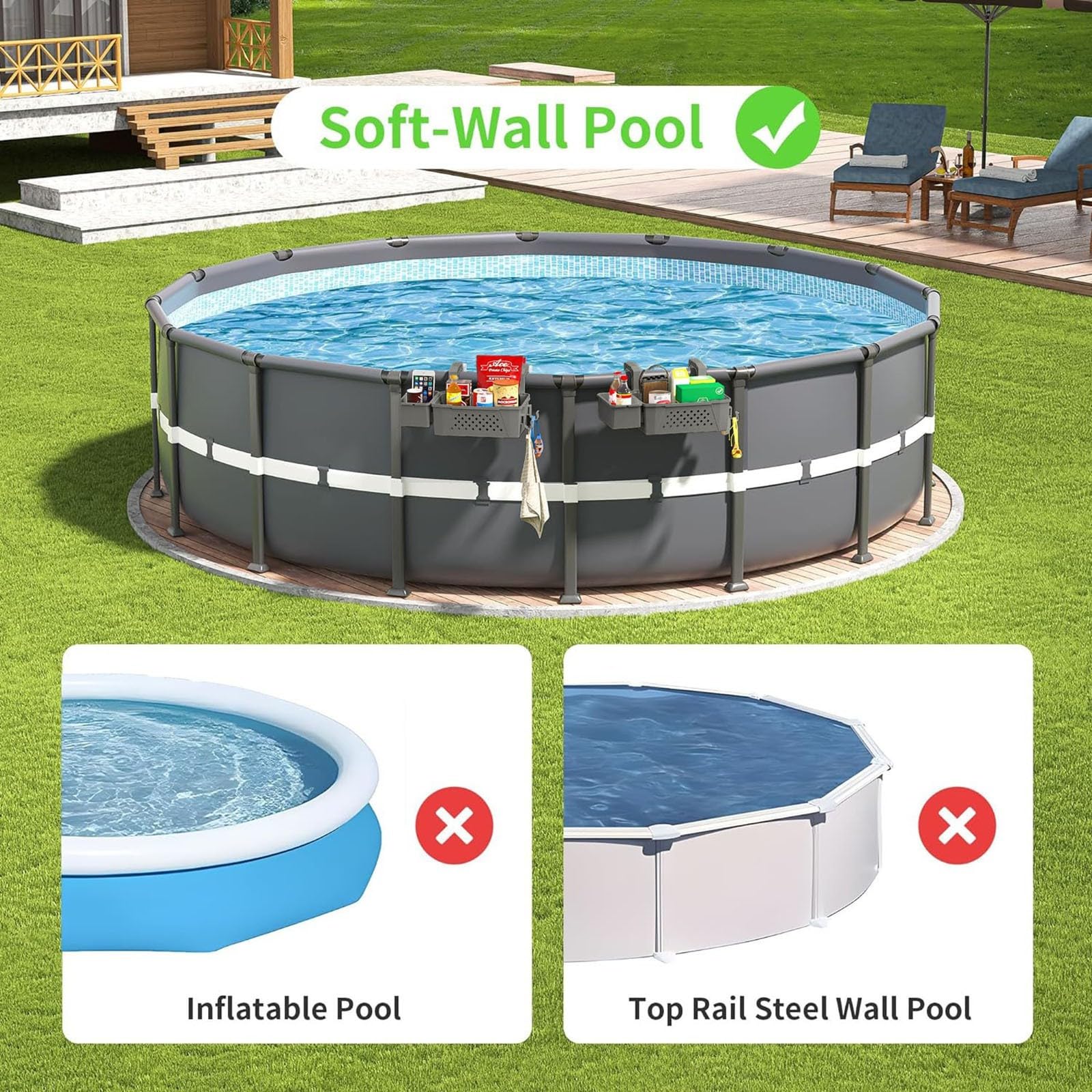 Pool Aufbewahrungskorb Set inklusive Kunststoff Pool Korb Pool Getränkehalter Hot Tub Zubehör Multifunktionales Pools Zubehör für Aufstellpool Schwimmbad Oberirdischen (Grau)