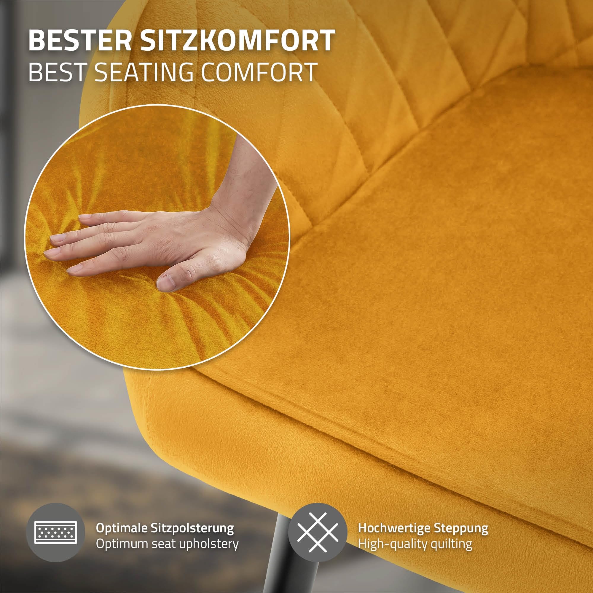 ML-Design Set 2X Sillas de Comedor Color Ocre Estilo Moderno Asiento Tapizado Aspecto de Terciopelo Patas de Metal Negras con Respaldo y Apoyabrazos Sillón Moderno de Salón Oficina Dormitorio Cocina