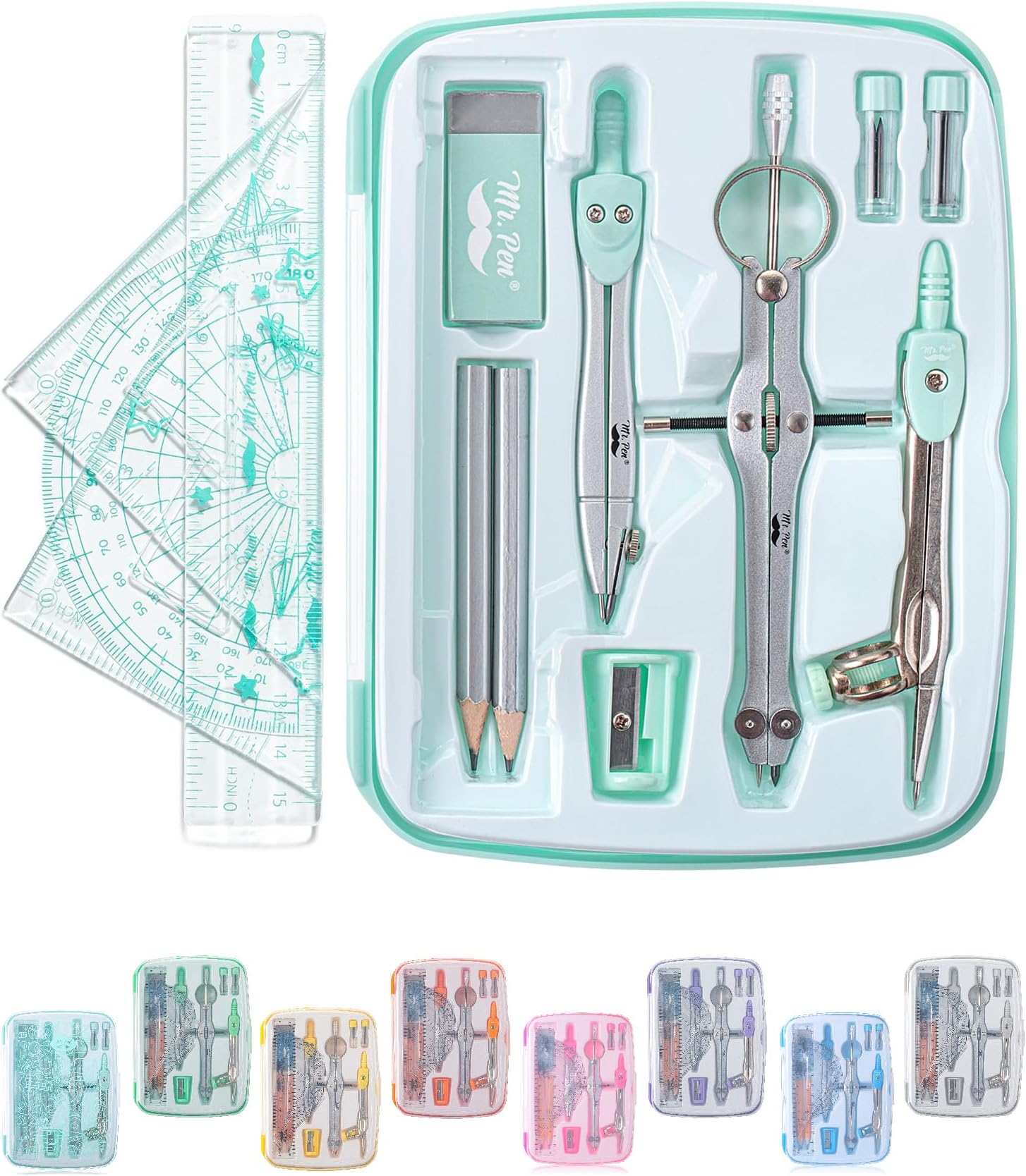 Mr. Pen- Geometry Set, 13 pcs, 3 Metal Compasses, Protractor, 6" Ruler, 45° & 30°/60° Set Squares, Pencils, Lead Refills, Sharpener & Eraser for Math, Drafting & Classroom Use