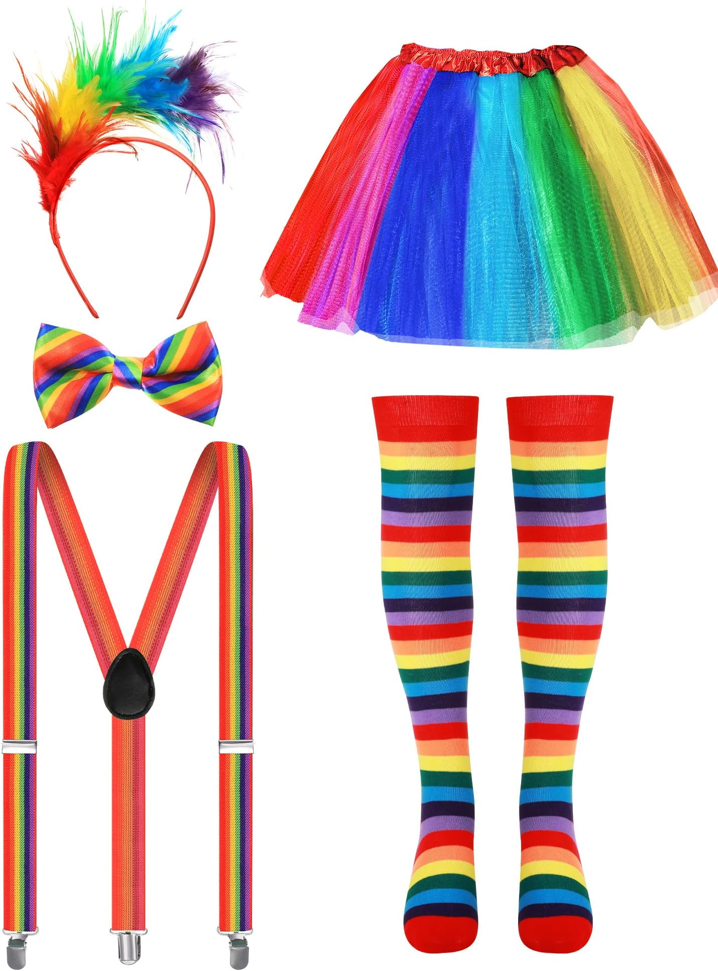 5 Pcs Clown Costume Set for Women Circus Outfit Include Rainbow Tutu Skirt Feathers Headband Socks Suspenders Bowtie