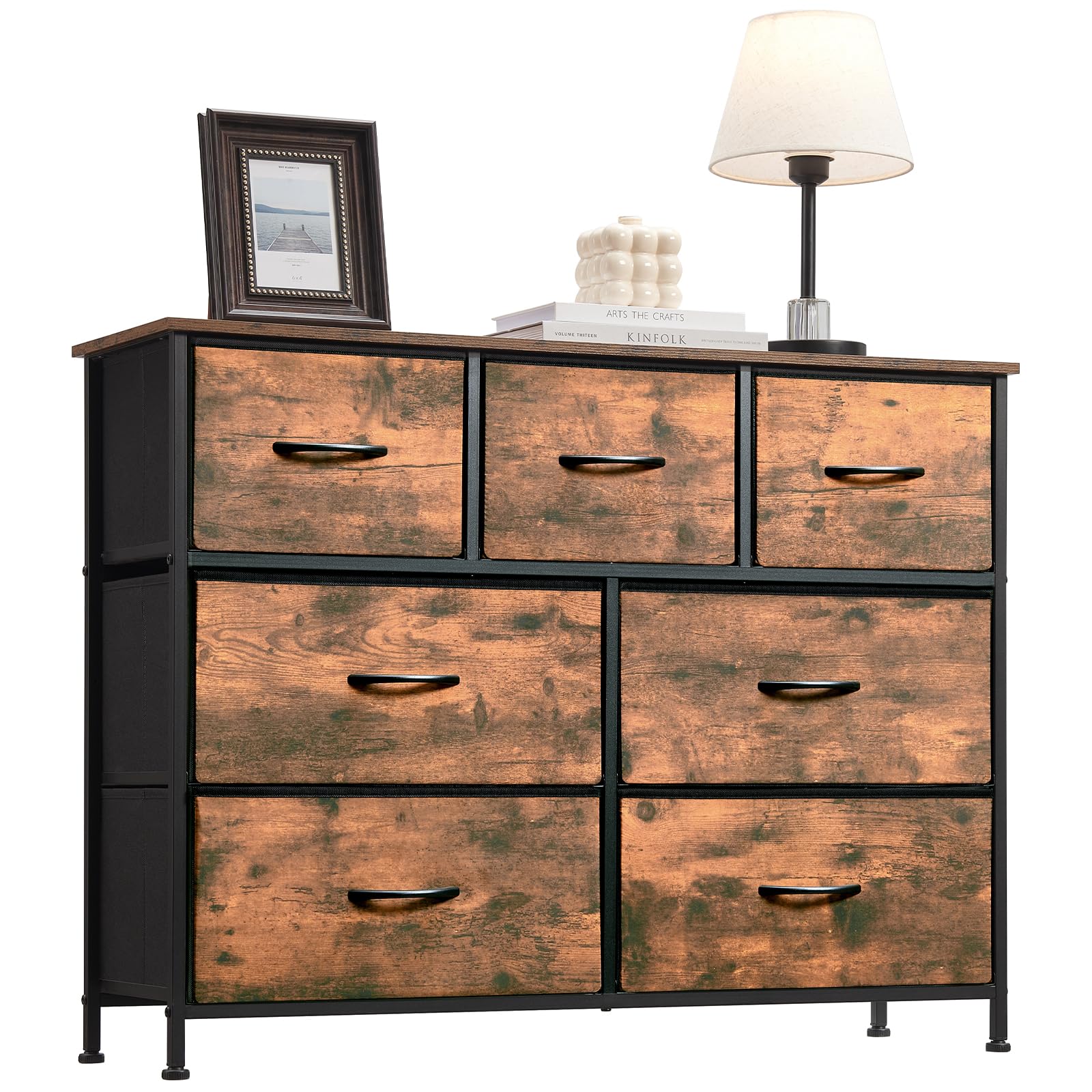 Somdot Dresser for Bedroom with 7 Drawers, Wide Storage Organizer Chest of Drawers with Fabric Bins for Closet Bedside Nursery Living Room Laundry Entryway Hallway, Wood Grain Print