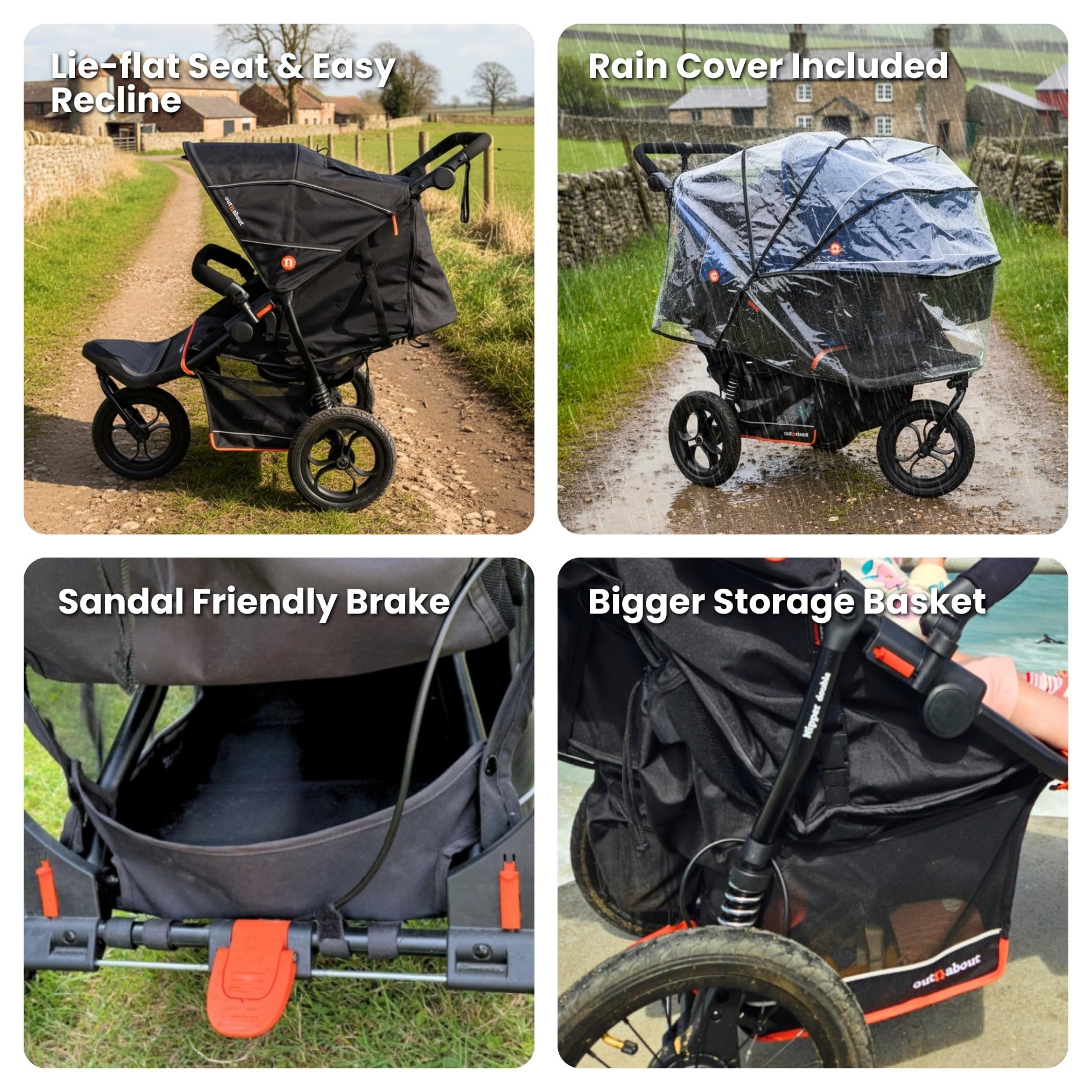 Out'n'About Nipper V6 Plus - Passeggino leggero per tutti i terreni con parapioggia, ruote da 35,6 cm, freno al manubrio e pieghevole compatto, passeggino certificato per neonati e bambini, colore