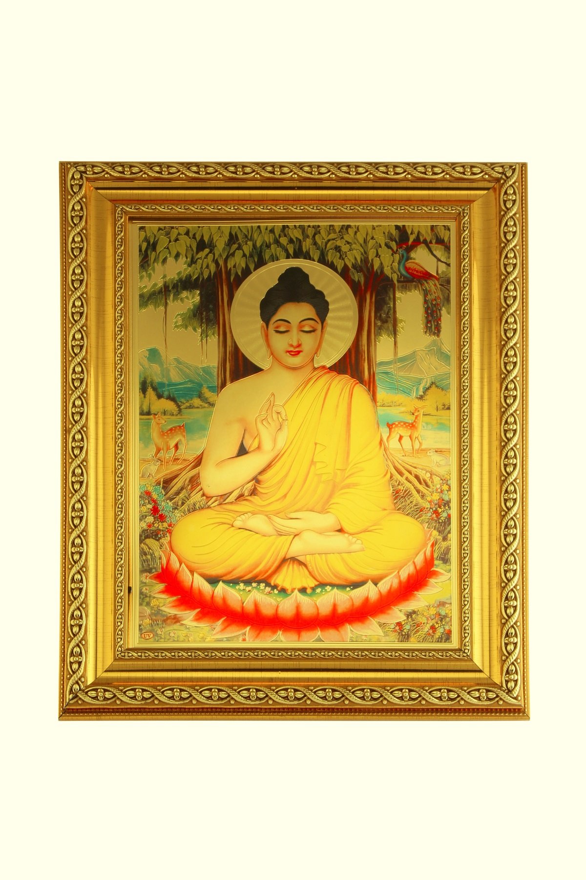 Tableau Bouddha en méditation dorée avec cadre mural 28x36