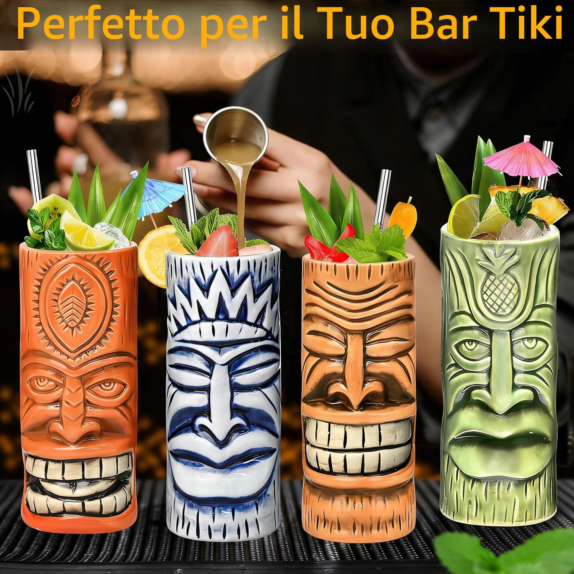 Tiki - Set di 4 tazze da cocktail in ceramica Tiki, bicchieri da cocktail unici, tazza hawaiana professionale da bar e bicchieri per feste di Natale di Halloween