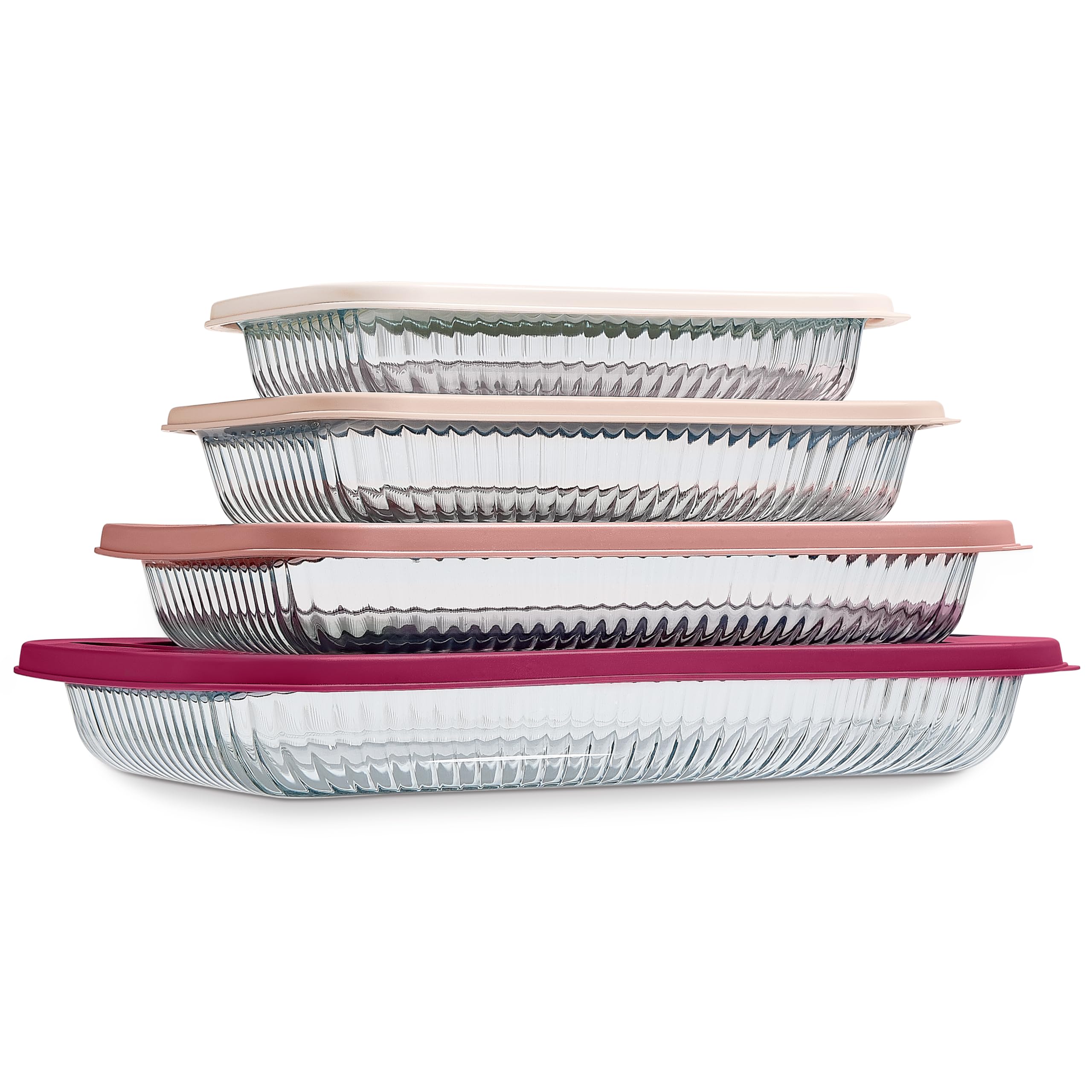 COOK WITH COLOR Glas-Backformen-Set mit Deckel, tiefe Auflaufform, Lebensmittelbehälter, ofen-, gefrier- und mikrowellengeeignet, transparenter Behälter, Rosa, 8-teilig