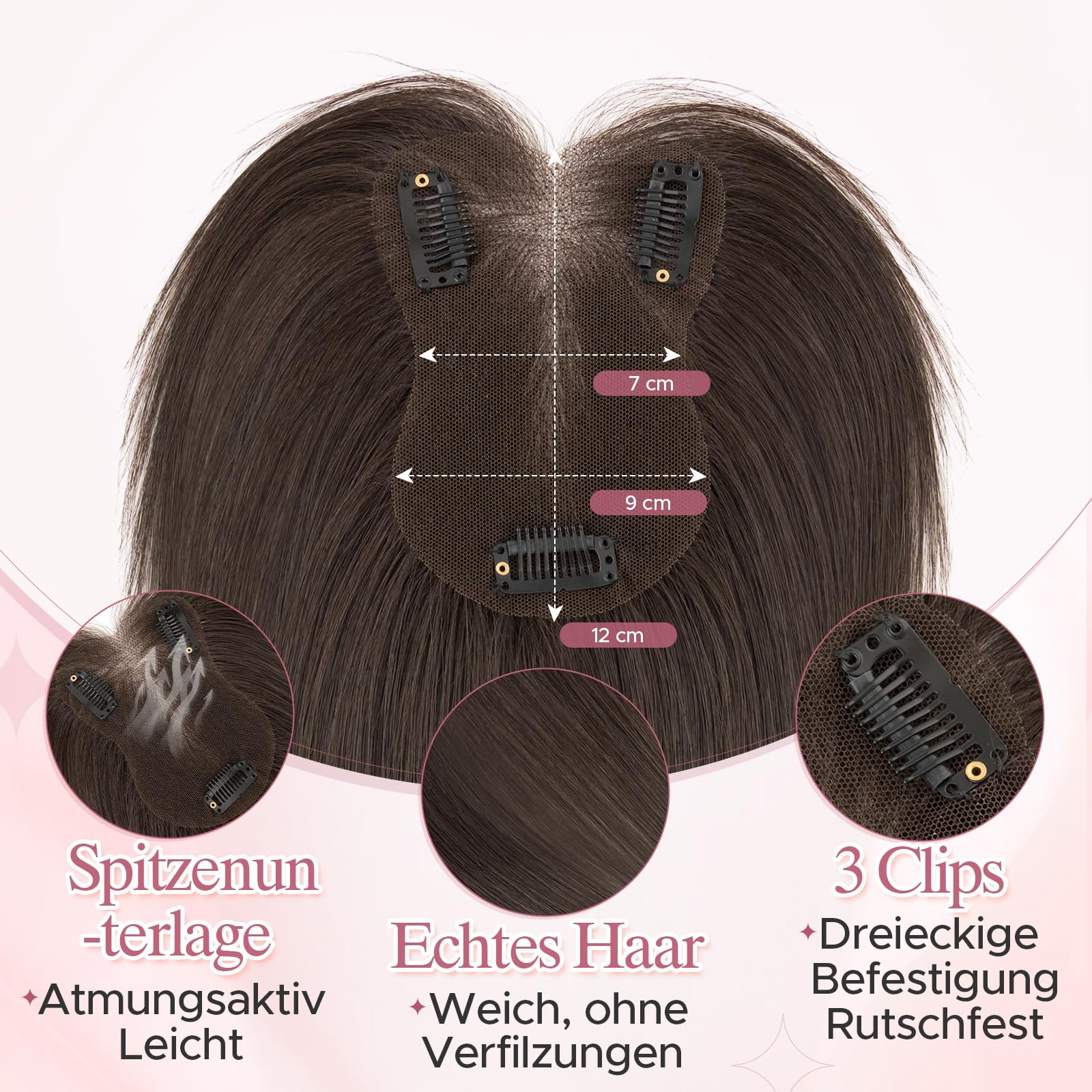 SEGOHAIR Echthaar Hair Topper für Frauen mit Wispy Pony Handgebundene 3,54" x 4,72" Lace-Basis-Haarteil mit 3 Clips einfaches Clip-in leichte atmungsaktive Basis #02 Mokkabraun