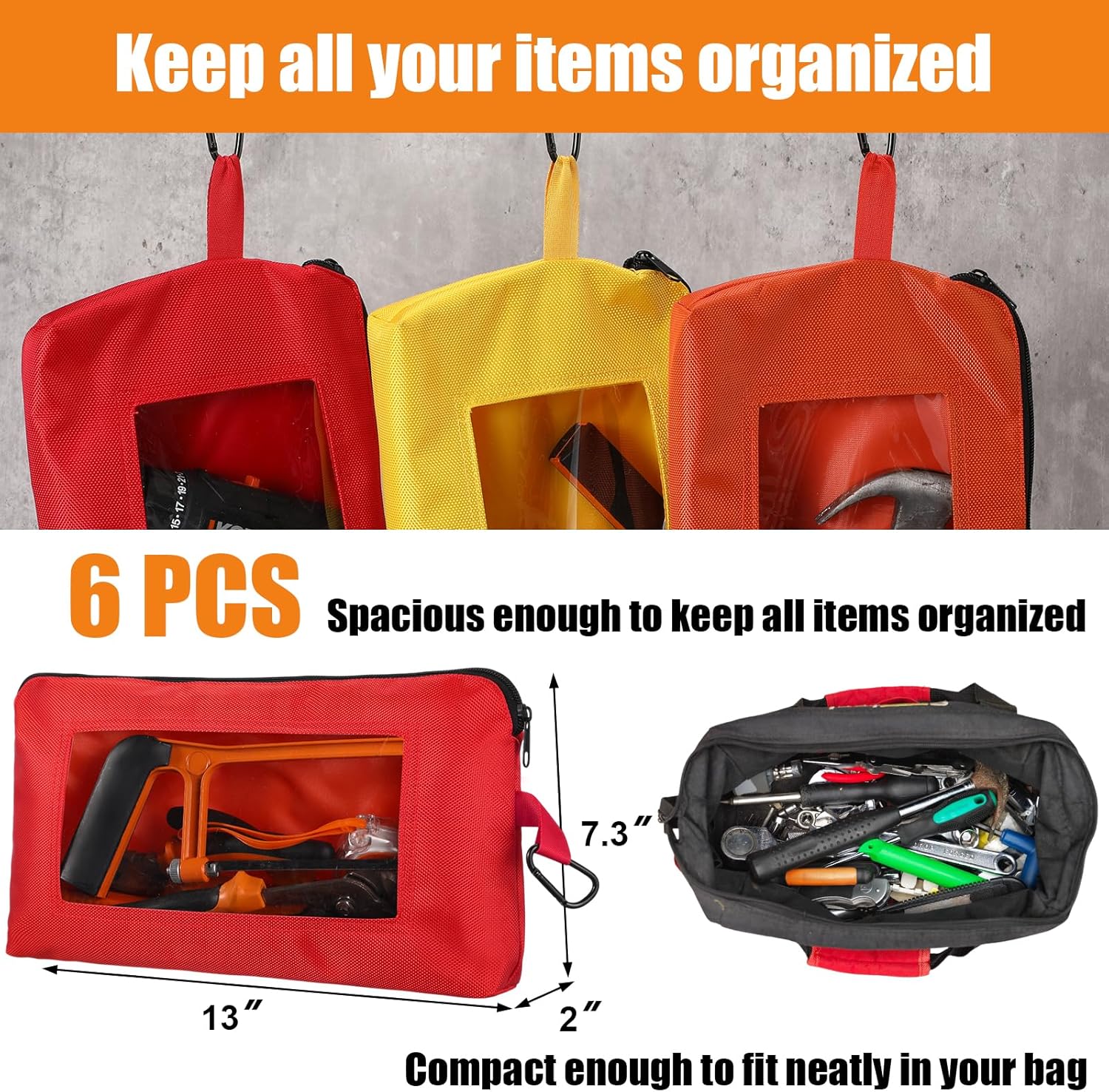 Aliceset 6 Pcs Small Tool Pouch 1680D Oxford Zipper Bags with Clear Window Multipurpose Zipper Pouch Heavy Duty Waterproof Utility Bag for Tool Organization and Storage (Multicolor)