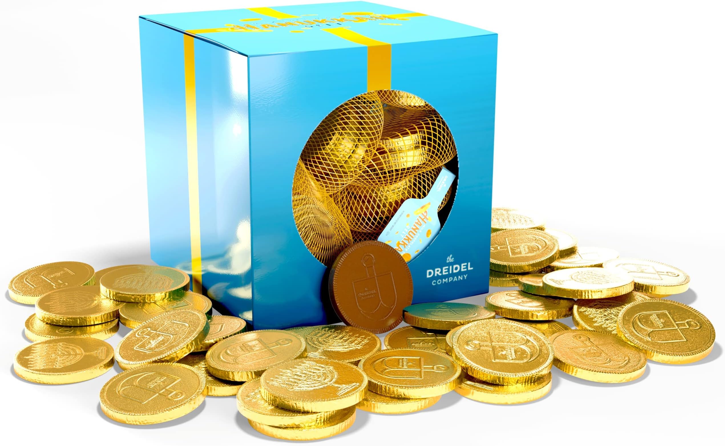 The Dreidel Company 20-Mesh Bags Original Hanukkah Chocolate Gelt Gold Coins, with Menorah and Dreidel Design, Made with Premium Belgian Milk Chocolate, Gluten Free, Non-Gmo, Kosher Certified
