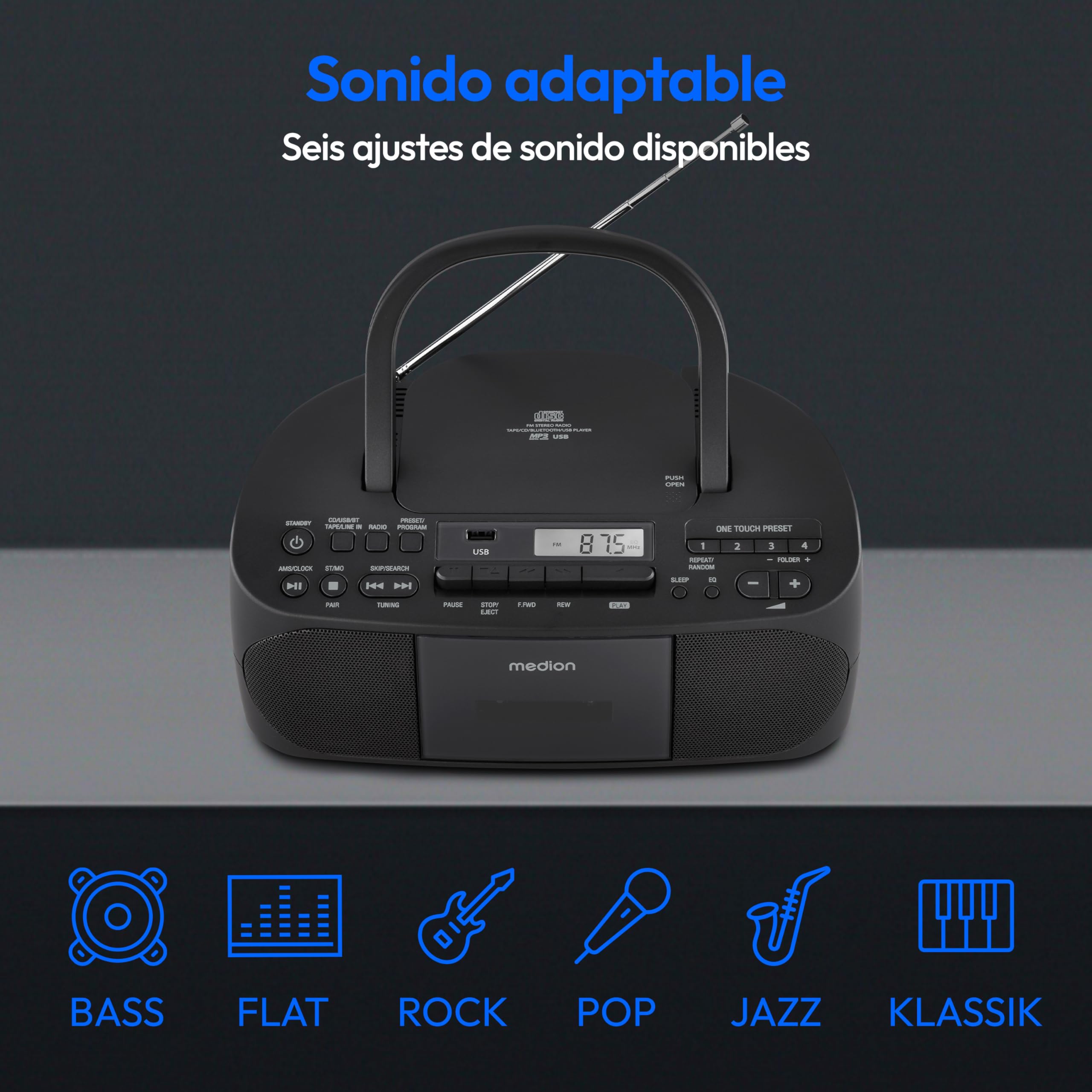 MEDION E65010 Radio estéreo (Reproductor de CD, Casete, conexión USB, Entrada de Audio AUX, reproducción de MP3, Radio FM PLL, Memoria de 40 emisoras, Funcionamiento con Pilas