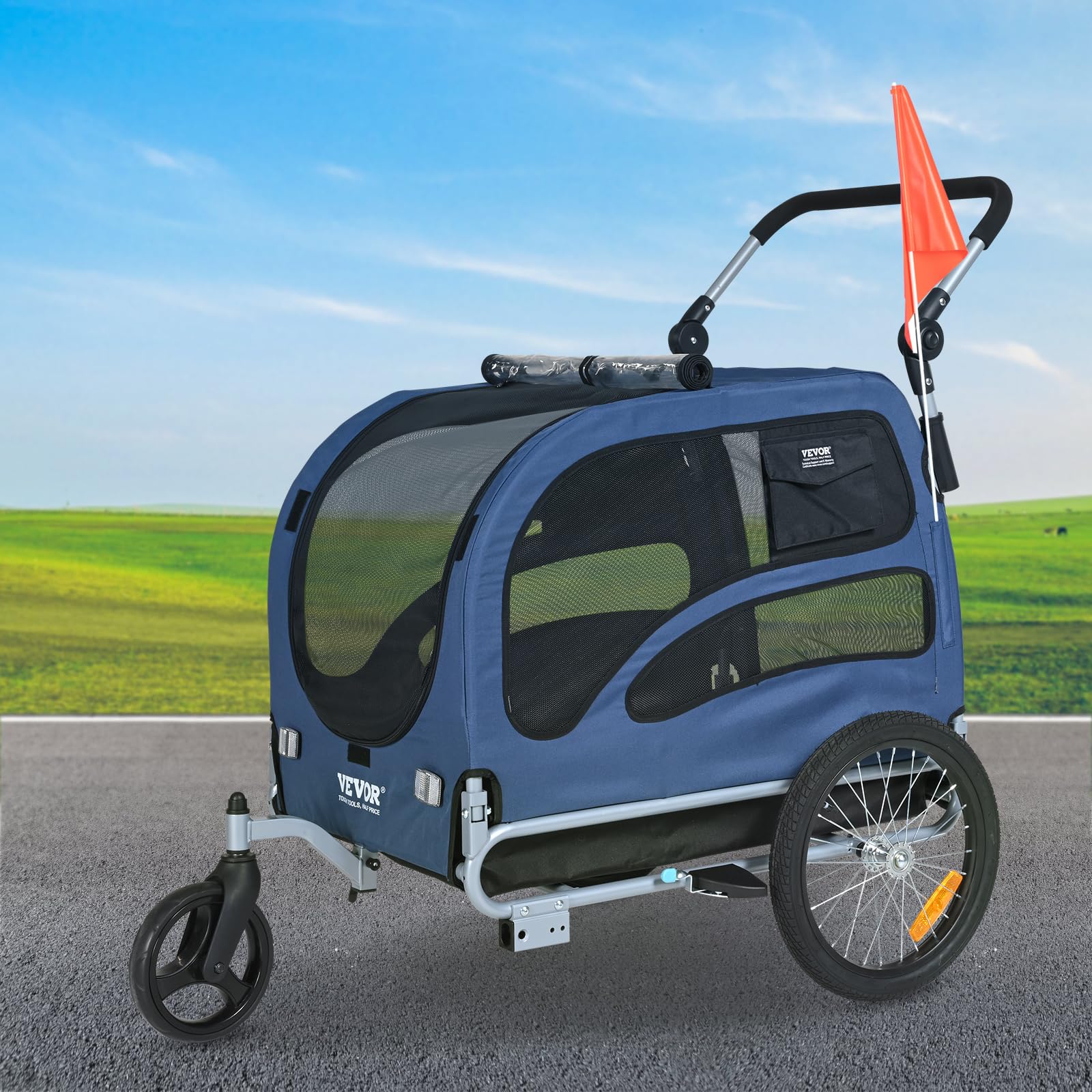 VEVOR Remorque de Vélo Chien Pliable Charge 45 kg Poussette d'Animaux de Compagnie 2en1 Cadre Facile à Plier avec Roues à Dégagement Rapide, Coupleur de Vélo Universel, Réflecteurs, Drapeau, Bleu/Noir