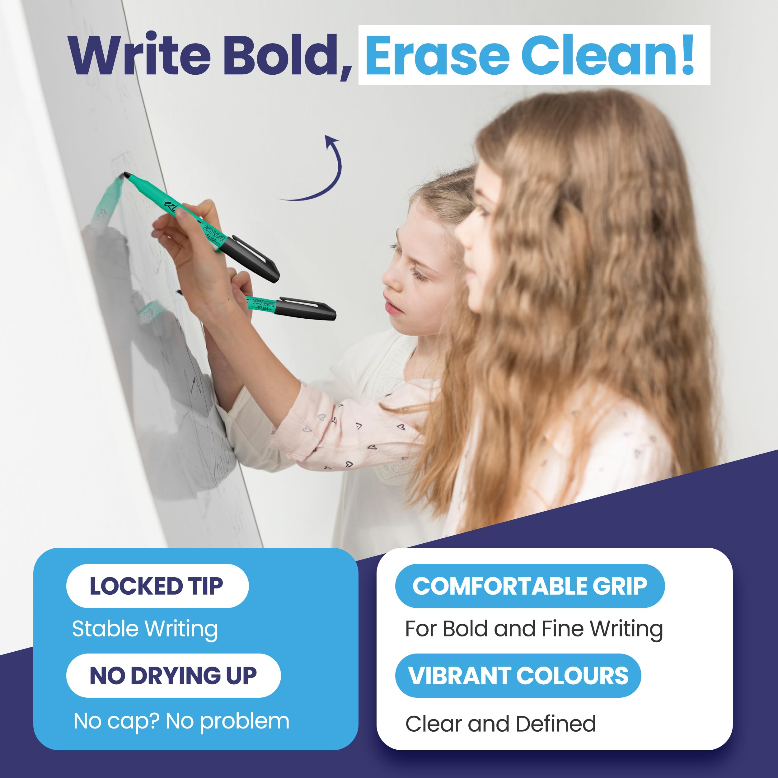 Eziglide Classpack Lot de 100 stylos effaçables à sec fins pour tableau blanc, encre sans résidus, fibre résistante à pointe ogive moyenne, idéal pour l'école, la maison, le bureau