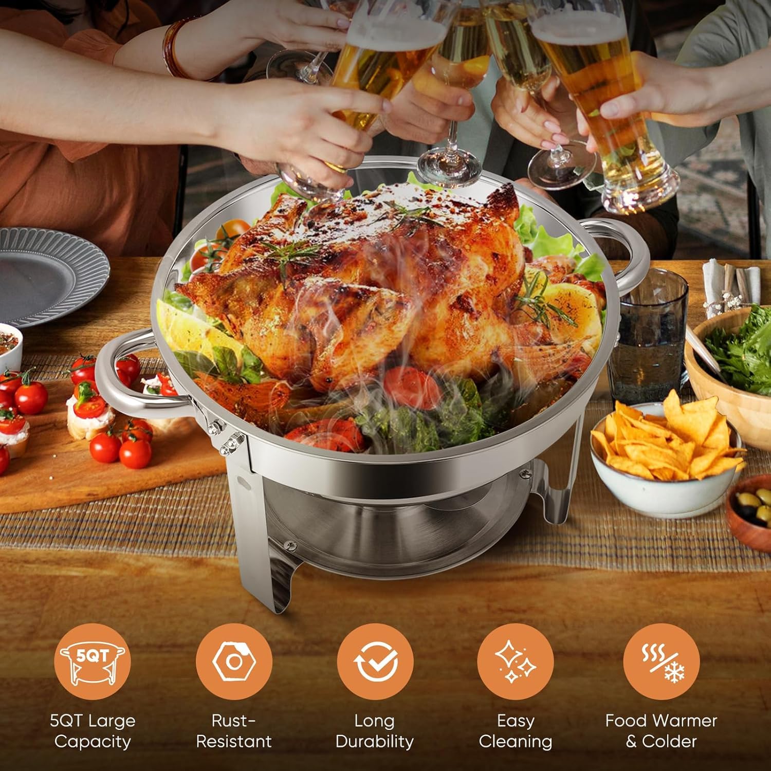 Acciaio Inossidabile Rotondo Buffet Chafing Piatto Vetro Lid 6 Litre Cibo Scaldabagno Catering, Chafing Dish Catering Buffet Warmer Set, per Feste, Buffer e scaldavivande con Coperchio Set