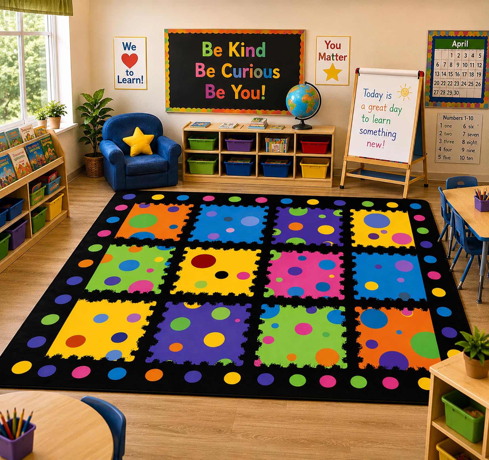 Photo 1 of Kids Classroom Rug 5x7, Colorful Polka Dot Circle Time Educational Carpet