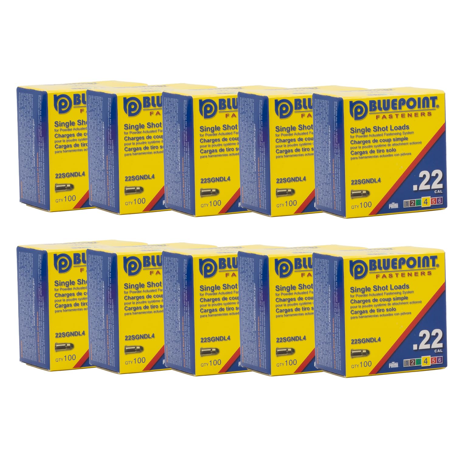 BLUEPOINT .22 Cal YELLOW Neck Down Single Shot Powder Load for Powder Actuated Fastening System, (1000 - Count). Item# 22SGNDL4 10-PACK SAVE $30