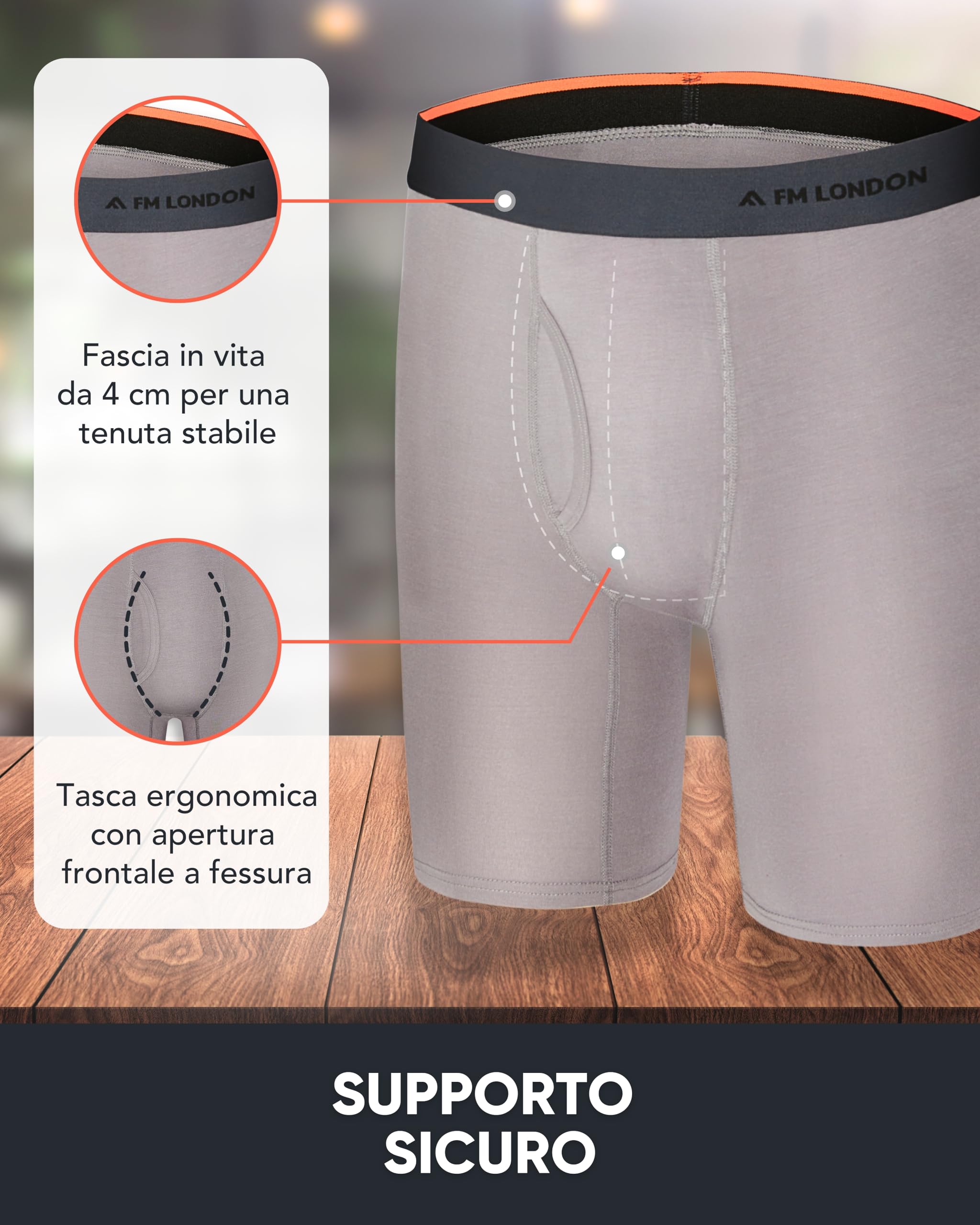 FM London Boxer Uomo Bamboo a Gamba Lunga Confezione da 4 - Boxer Uomo Lunghi Super Morbidi, Anti-Sfregamento, Traspiranti, con Apertura Frontale a Fessura