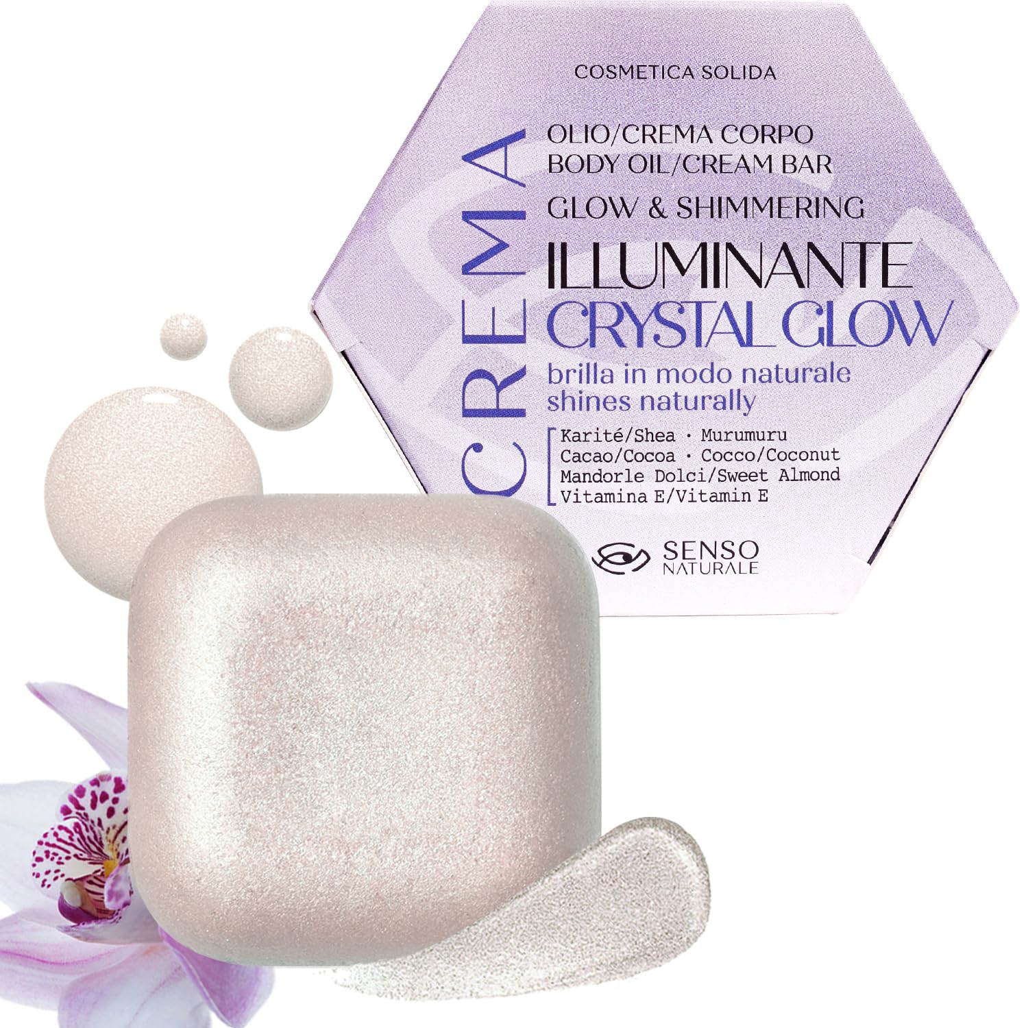 Senso Naturale Crystal Glow Solid Body Brightening Oil Tanning Cream with Glitter Shimmer Glitter Moisturizing Nourishing Scented Wild Orchid, Vitamin E, Shea Butter, Vegan