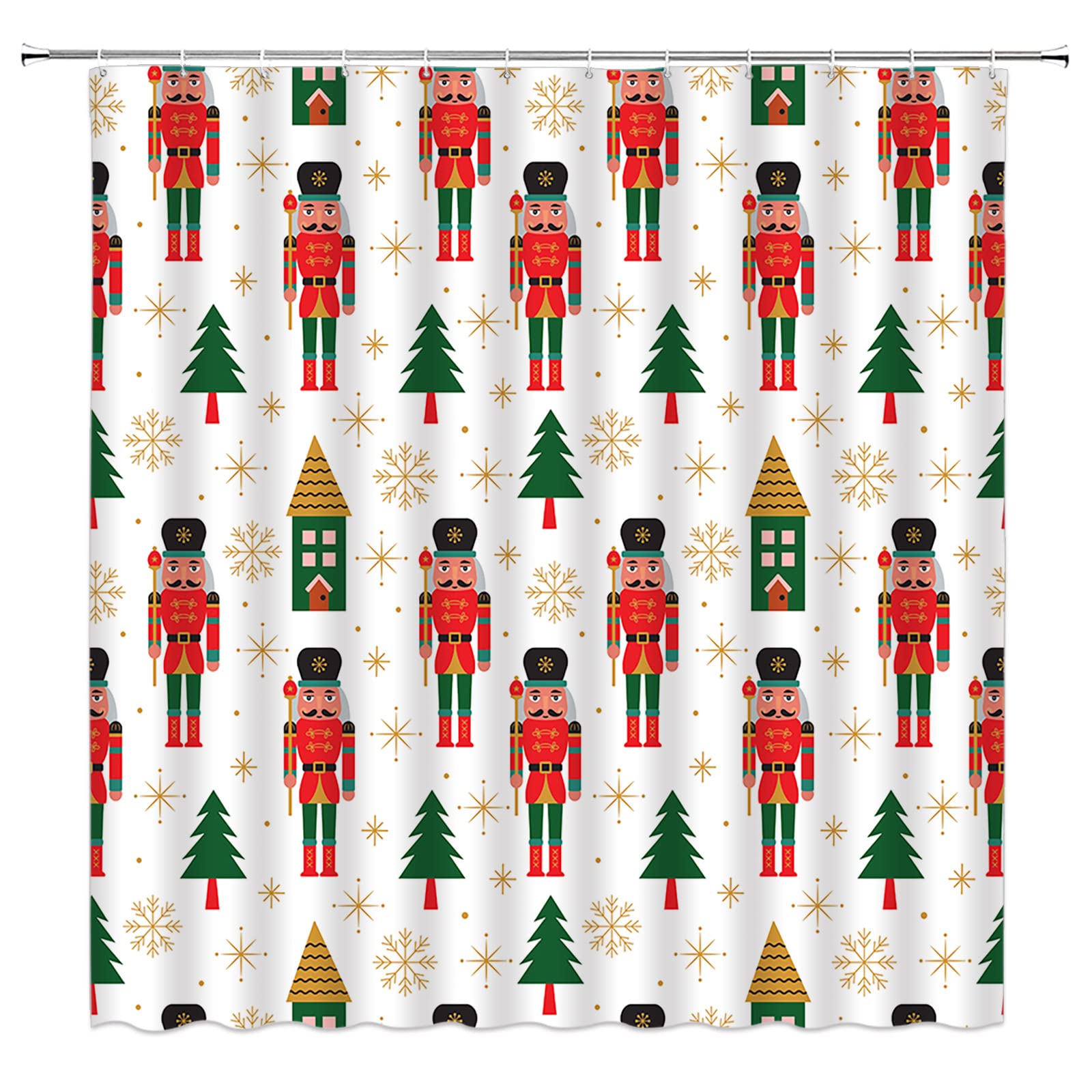 Merry Christmas Shower Curtain Cartoon Xmas Gift Green Christmas Tree Snowflake Cute Kids Winter Holiday Seasonal Festival Fabric Bathroom Decor Curtain with Hooks