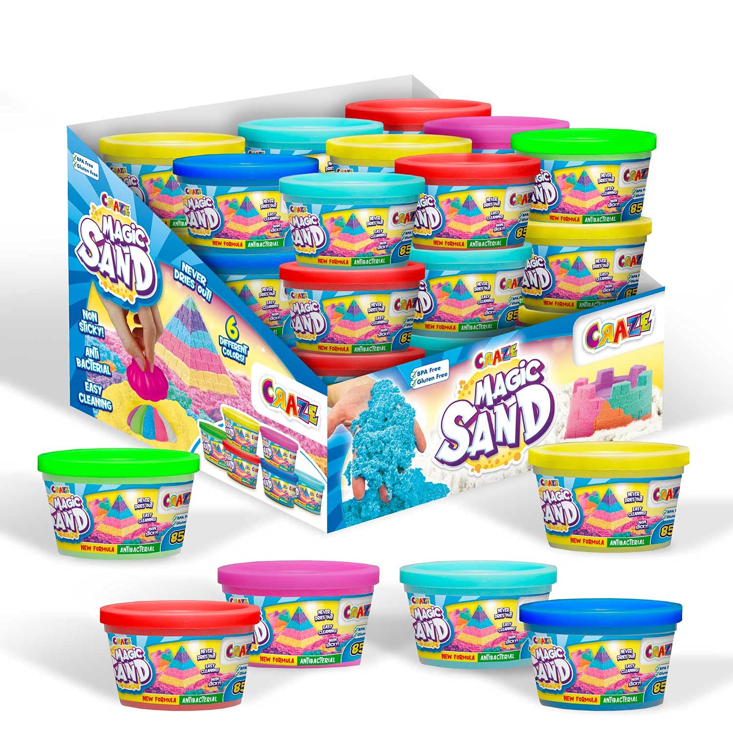 CRAZE MAGIC SAND | Magischer Sand 6er Pack , 6x Dose Knetsand in 6 Farben , bunter magischer Sand Nachfüllset , 510 g