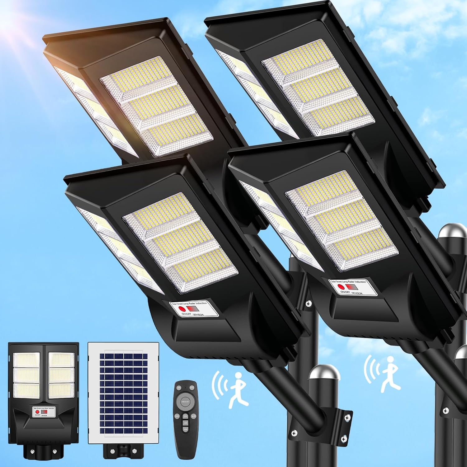 4 Pack 2pcs Outdoor Waterproof 6500K 80000LM 756 LED Beads Dusk to Dawn Solar Flood Light with Motion Sensor and Remote Control for Parking Lot, Garage