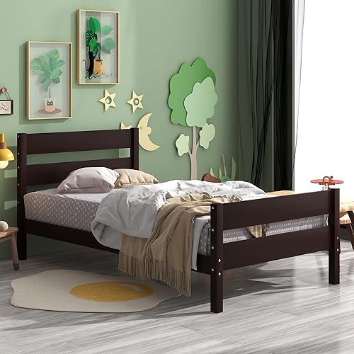 Miniatura 1 de Woanke Cama individual marco de cama de madera con cabecera y estribo para niños listones color espresso