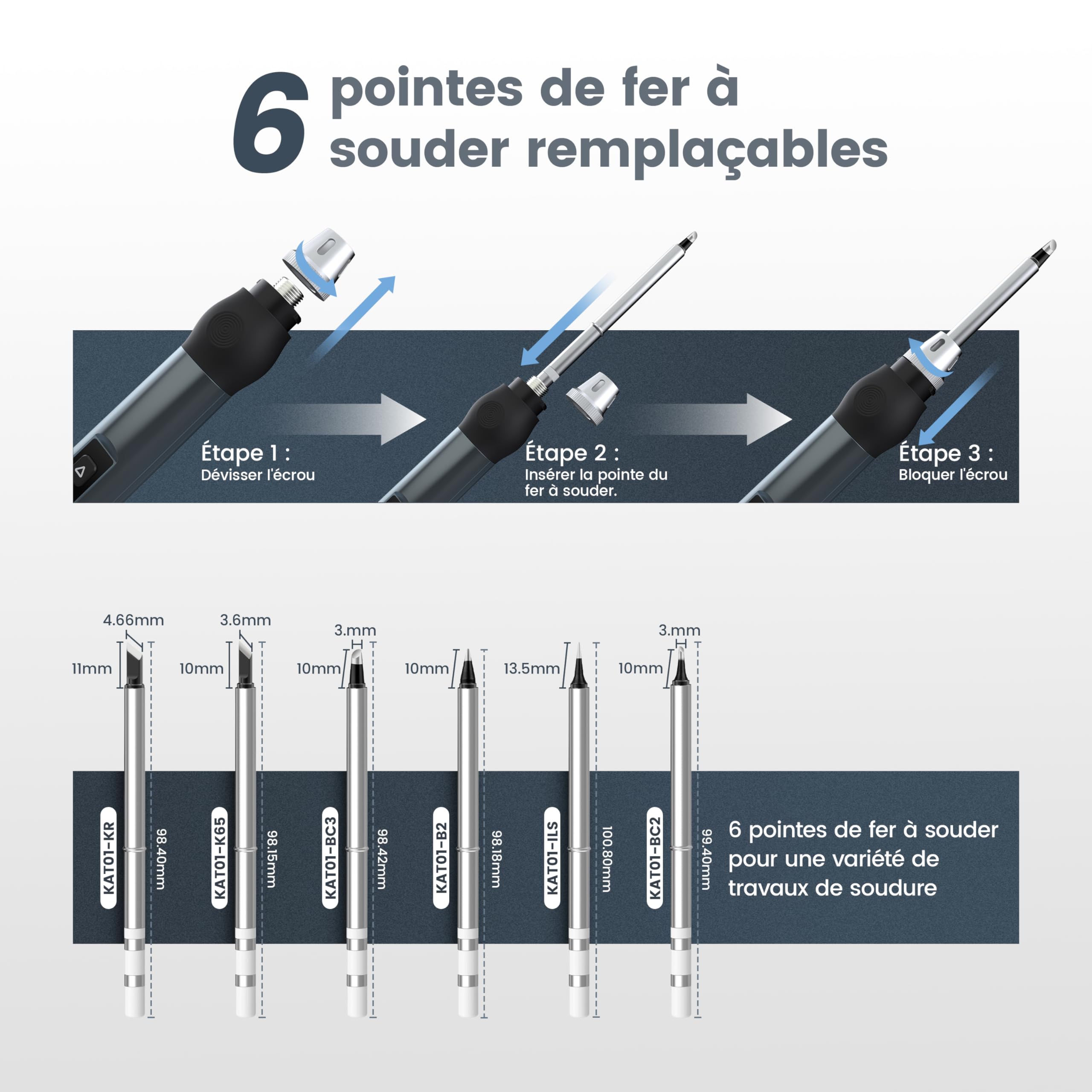 KAIWEETS USB C Fer à Souder Intelligent, Kit Fer à Souder Portable Chauffage Rapide 80-420℃, Contrôle Précis de Température, Écran OLED, Veille Auto, Verrouillage Enfant, 6 Pointes de Fer à Souder