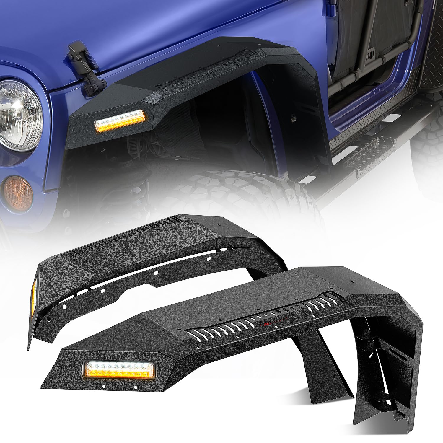 Nilight JK Wide Flat Front Fender Flares Fit for 2007-2012 2013 2014 2015 2016 2017 2018 Jeep Wrangler JK JKU 2/4 Door 2Pcs Off-Road Wheel Fenders Mud Guards w/LED Lights Turn Signal Lights DRL