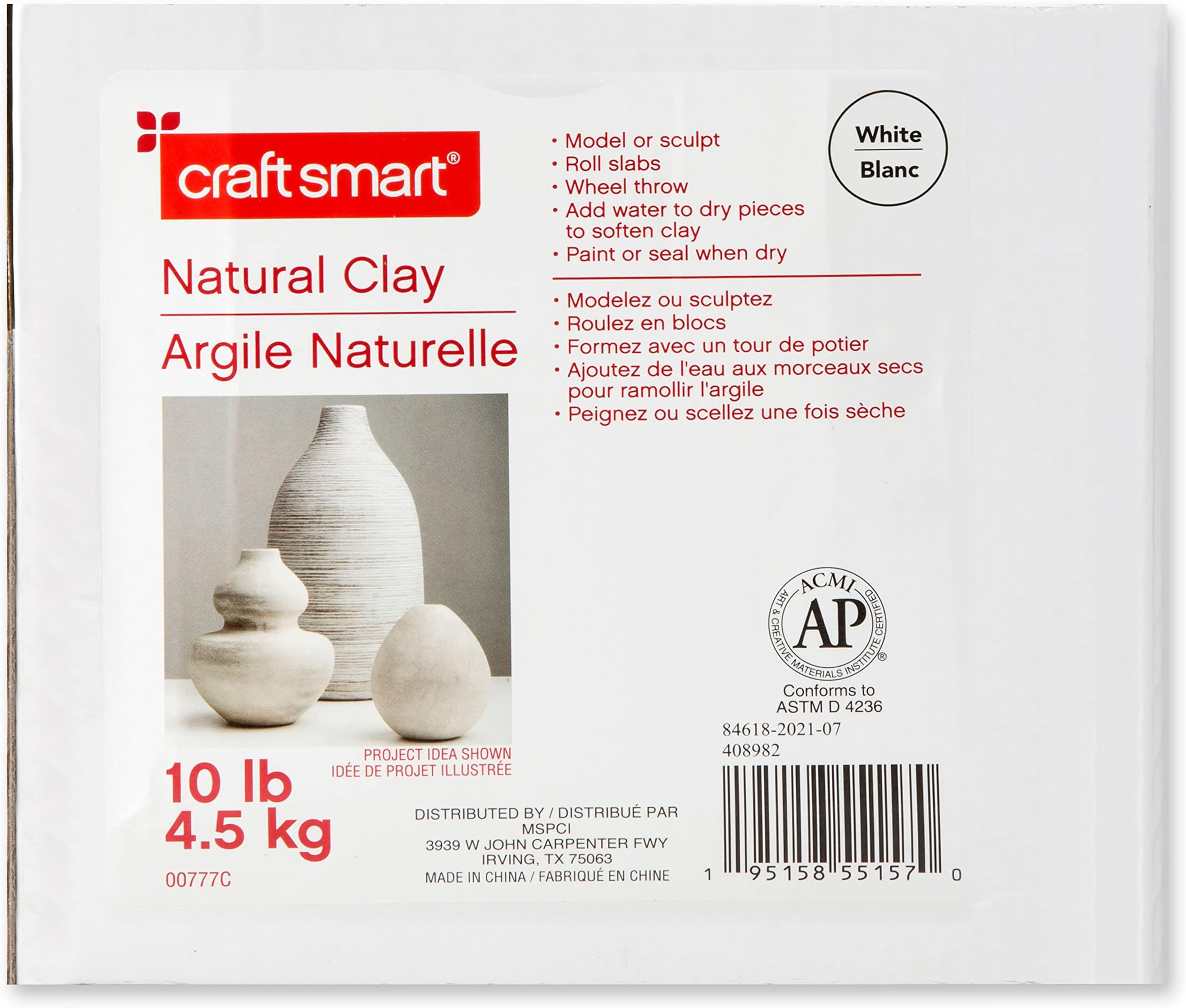 10lb White Natural Air-Dry Clay by Craft Smart - Non-Toxic Clay for Hand Modeling, Sculpting, Pottery - 1 Pack
