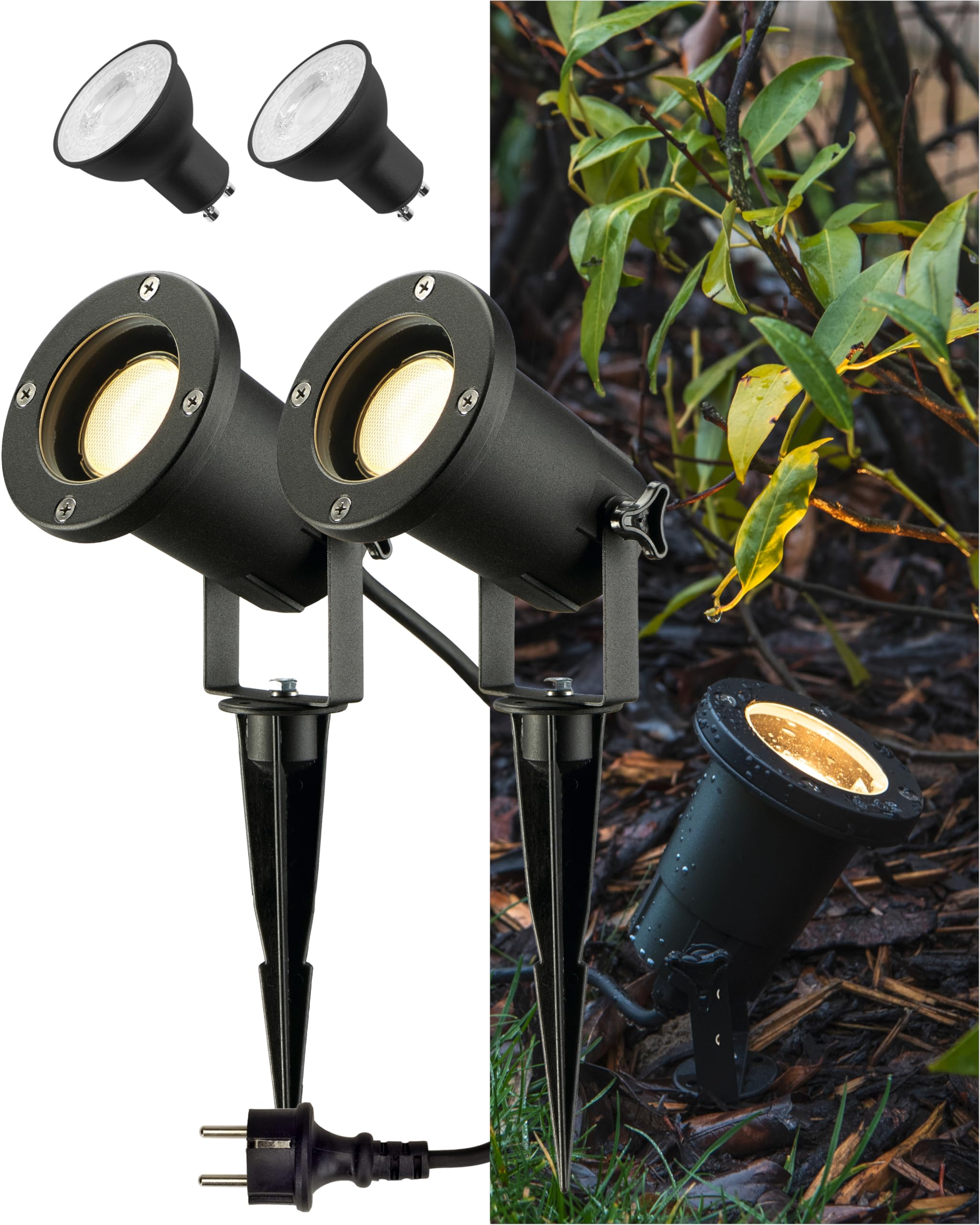 SLV NAUTILUS XL SET DE 2 | Lámpara exterior para iluminar jardines, terrazas, caminos, estanques, luminaria exterior | IP65, GU10, cable de 1,5 m, con enchufe, negro