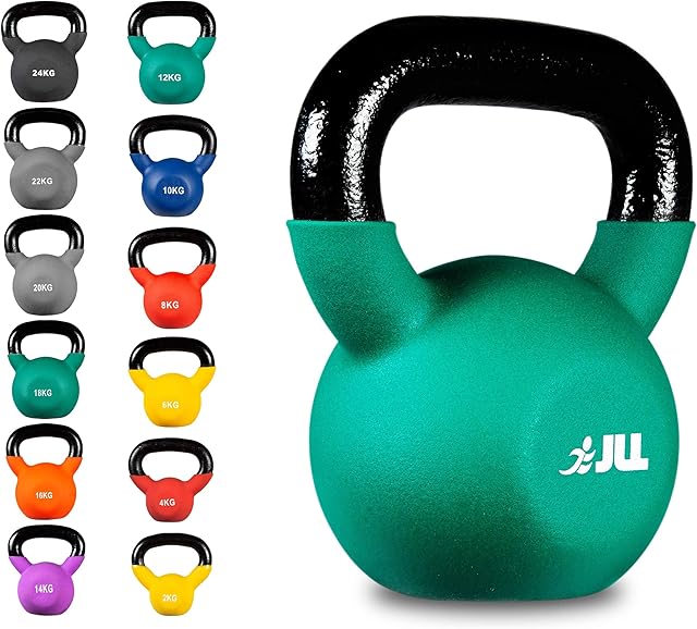 JLL® Neoprene Covered Kettlebells 2kg-24kg, Colour Coded Weights, Covered Cast Iron, Home Gym, Fitness, Exercise, Weight Training
