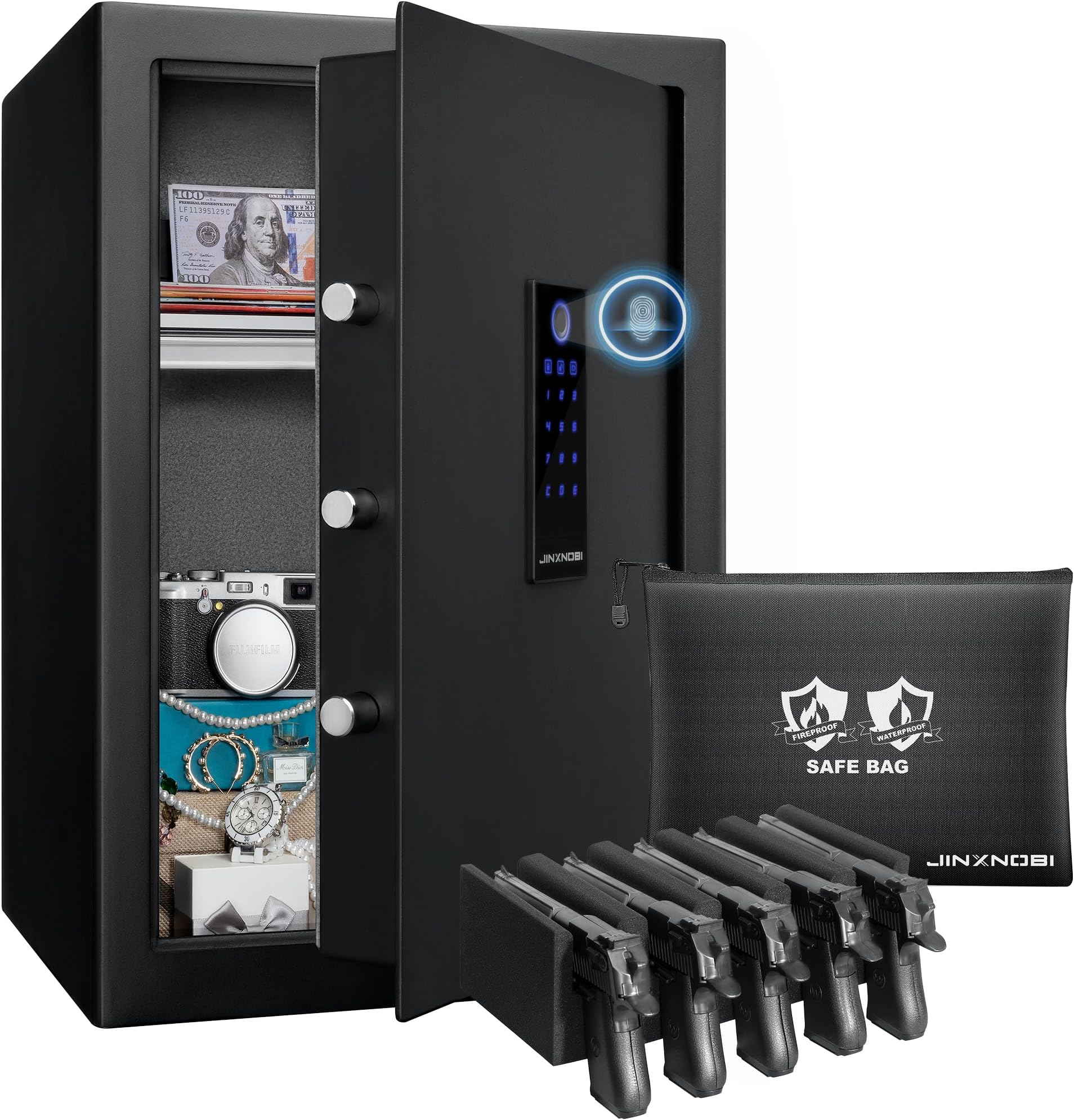 JINXNOBI 2.63 Cubic Feet Fingerprint Safe Box with Big Fireproof Waterproof Safe Bag,Smart Biometric Safes for Home Office Hotel,Finger Touch Security Cabinet with 5 Gun Rack to Hold Pistols