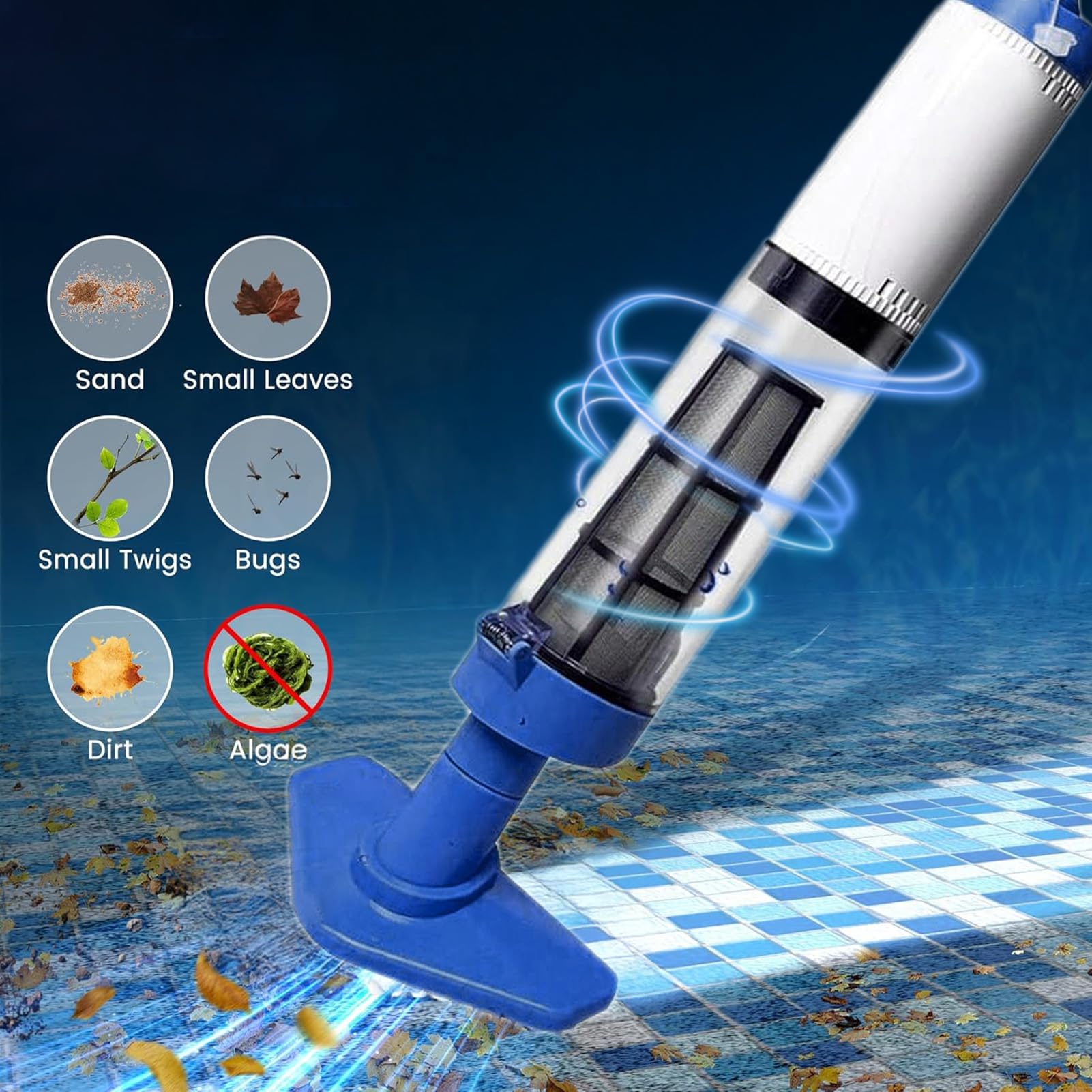 Pool Vakuum für den OberIrdischen Pool, 3 in 1 Kabellos Wiederaufladbare Pool Vakuum, piscina portatile und 3 Austauschbare Bürstenköpfe, Für Spas, Whirlpools und Kleine Pools Blu