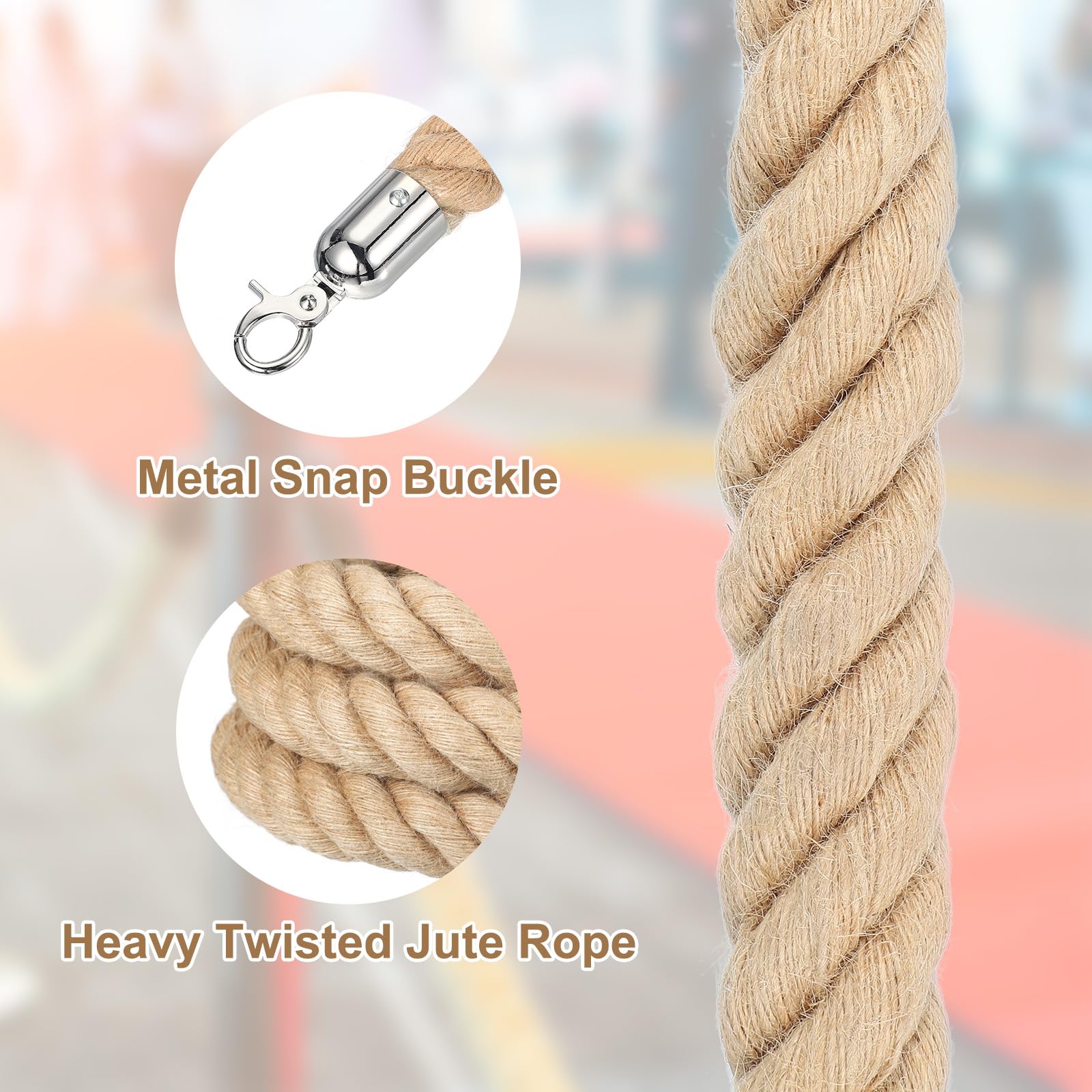 QUARKZMAN Absperrseil Juteseil 3 Meter x 28mm Handlaufseil Sicherheits Absperrkordel Geflochtenes Juteseil mit Karabinerhaken Absperrseile für Warteschlangen KinoHotel Feiern