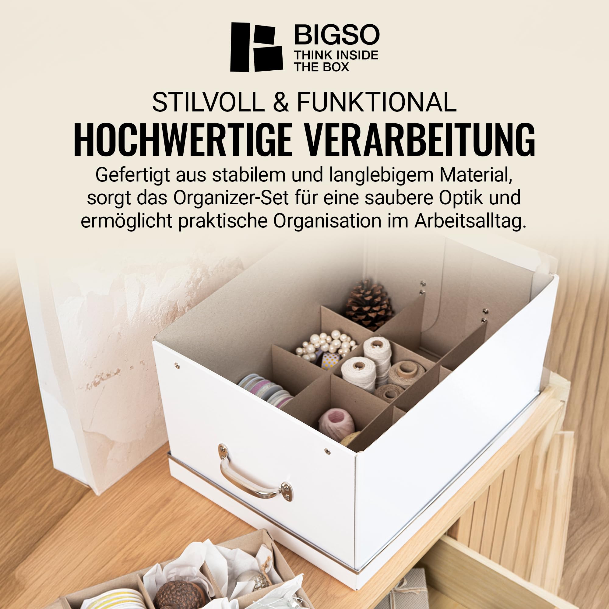 BIGSO ENGLA Weihnachtsbox für Christbaumkugeln – Aufbewahrungsbox mit Deckel und 2 Einsätzen – Organizer aus Faserplatte und Papier – weiß