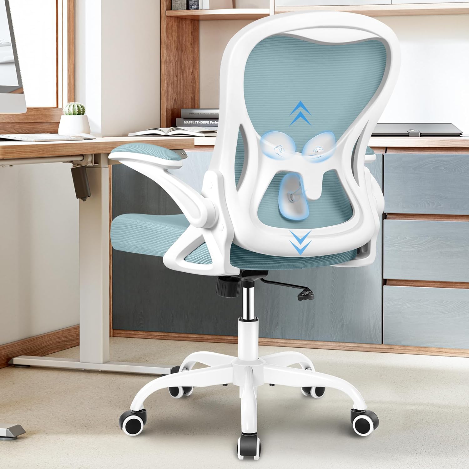 Winrise Office Chair Desk Chair, Ergonomic Mesh Computer Chair Home Office Desk Chairs, Swivel Task Chair Mid Back Breathable Rolling Chair with Adjustable Lumbar Support Flip Up Armrest (Light Blue) Light Blue WR935
