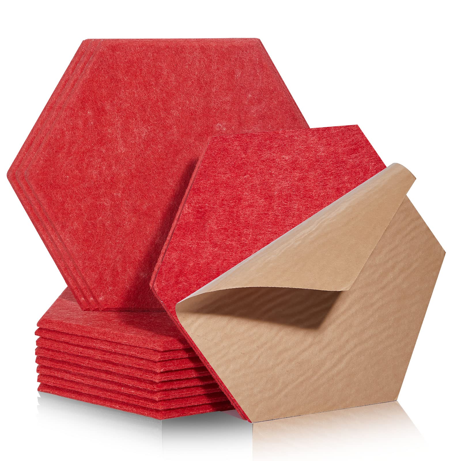 Hexagon Akustikplatten selbstklebend 12 Stück I Schallabsorber Schallschutz mit hoher Dichte für Wand Decken Holz & Tür - Akustikpanel Schallschutzplatten Akustikplatte, 30x26x0.9cm, Rot