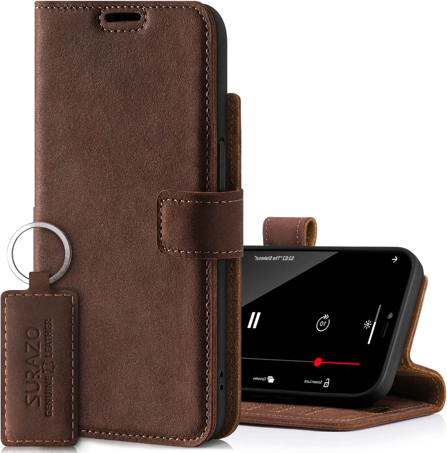 SURAZO Phone Case Compatible with iPhone 14 Pro - Real Leather Wallet Case with [Card Slots] [Kickstand] [RFID Block] [Magnetic Clasp] Handmade Protective Flip Folio Cover (Nut)