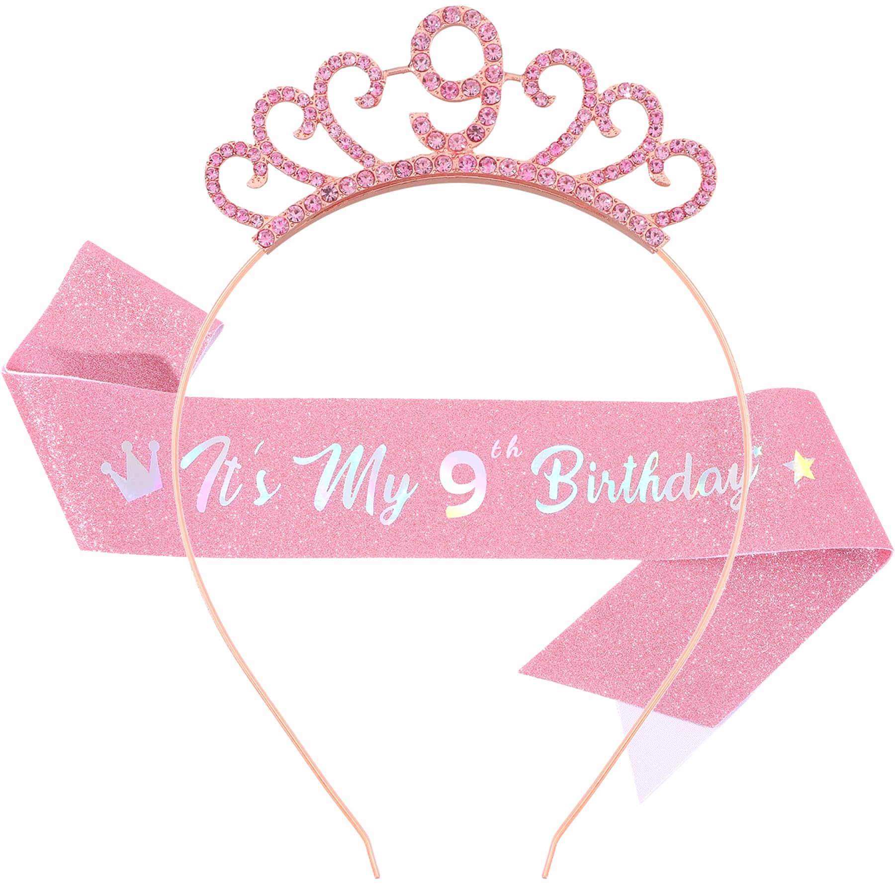 WeveriColle 9th Birthday Sash and Crown Tiara Hat Headband for Girls 9th Birthday Decorations for Girl 9th Birthday Gift Party Accessory